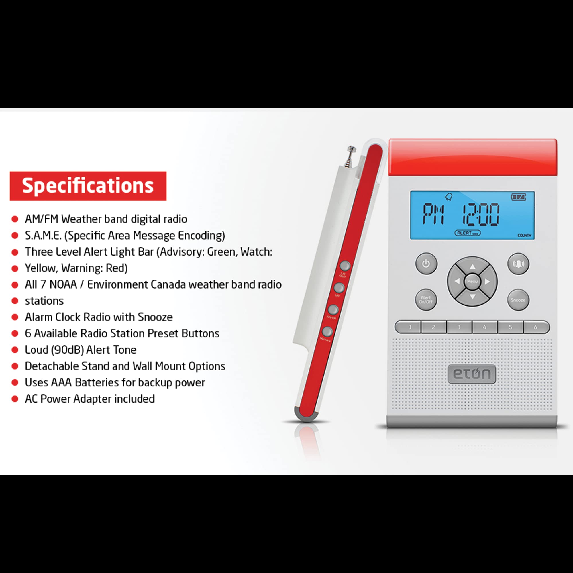 Eton - American Red Cross Zoneguard Weather Radio, White, Siren/Buzzer (90Db), 3 Color Led Alert Light Bar, Lcd Display, Detacha