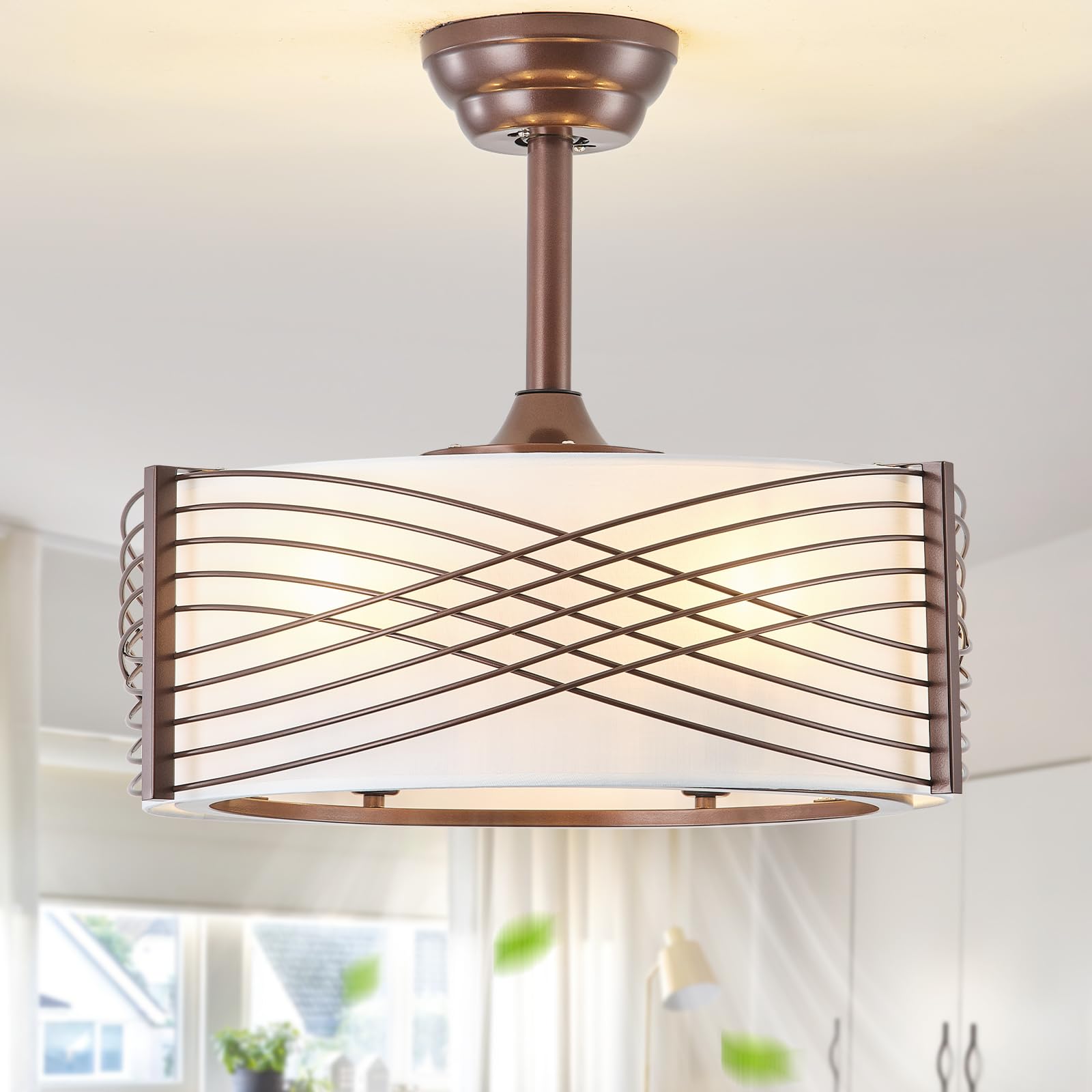 Kaunisva 20 Fandelier Ceiling Fans with Lights, Brown Caged Ceiling Fan with Light Remote Control, Mid-Century Modern with 6 Spe