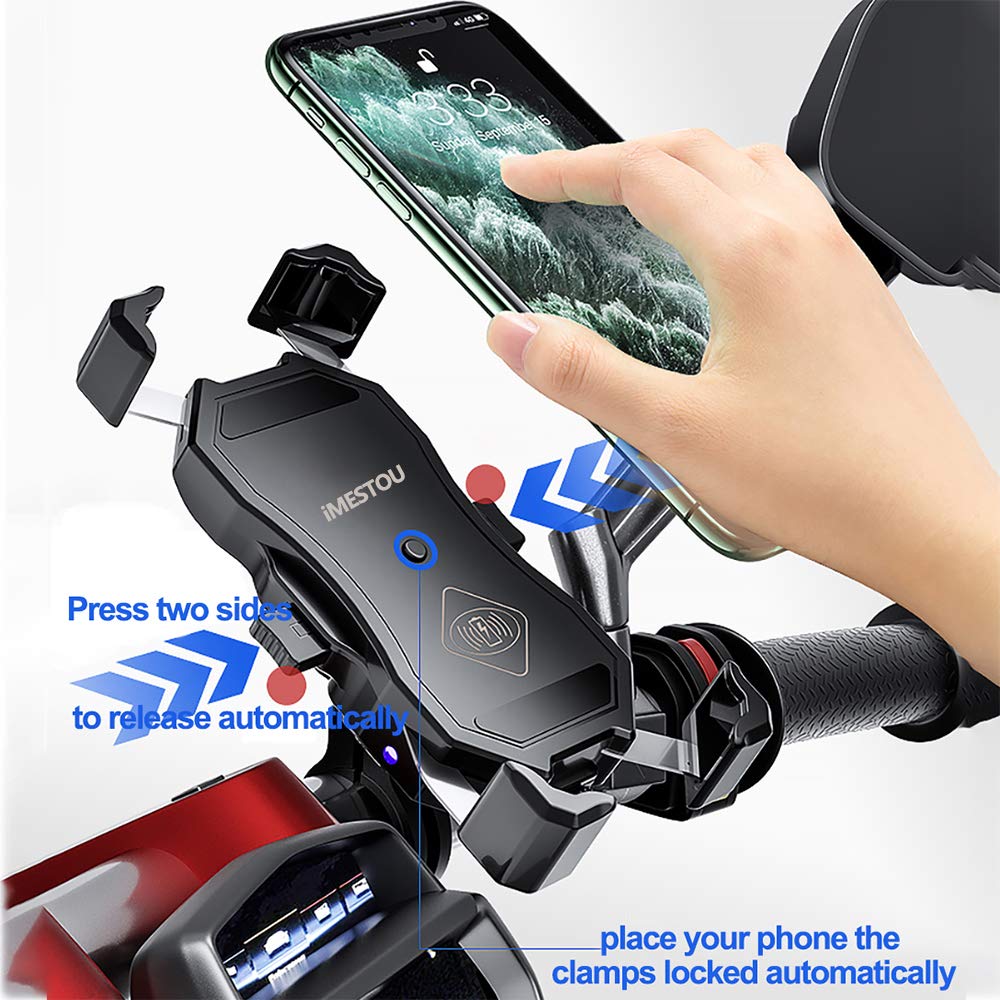 Imestou Motorcycle Phone Holder Wireless Charger And Usb 3.0 Quick Charge Phone Mount 2 In 1 Fits For 22 32Mm Handlebar Or Rear View Mirror, Suitable For 3.5' 6.8' Phones, Works With 12 24V Vehicles