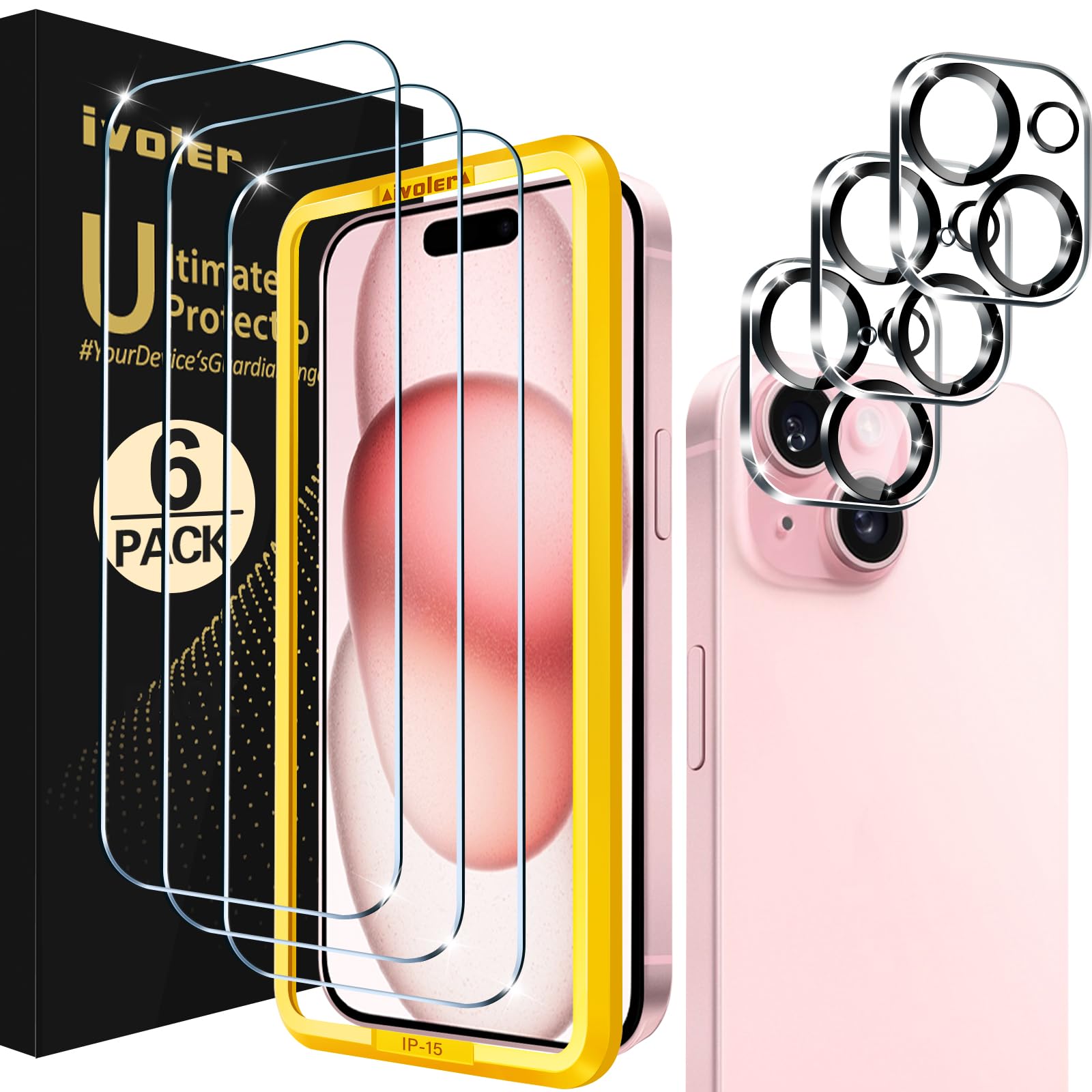 Ivoler 3+3 Pack Tempered Glass For Iphone 15 Screen Protector 6.1'' [3 Pack] With [3 Pack] Camera Lens Protector With [Alignment