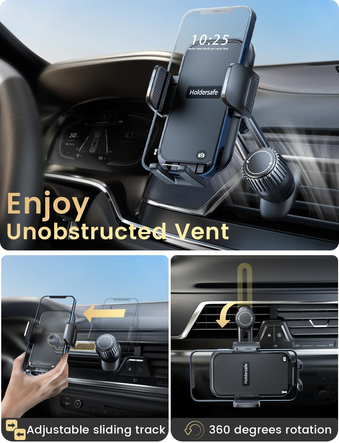 Holdersafe Phone Holders For Your Car: [Never Blocking] Air Vent Cell Phones Mount For Iphone & Samsung Android Smartphone [Thic