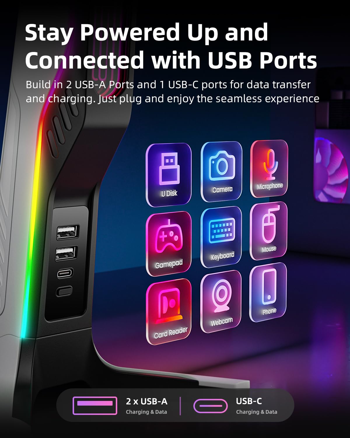 IFYOO RGB Gaming Headset Stand with USB & Type-C Ports, Black & White, Model IFYOO-HS-X2, PC/Xbox/PS5 Compatible