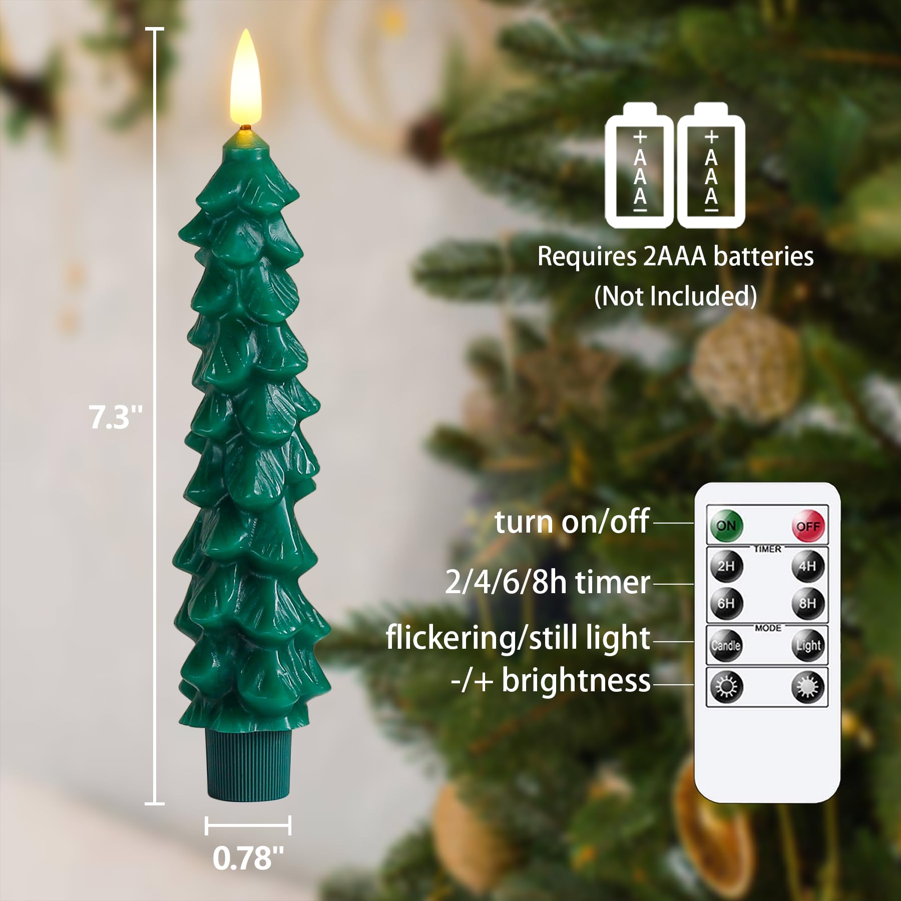 Zevanor Green Tree Flameless Real Wax Taper Candles With Remote Timer, Battery Operated Flickering 3D Wick Led Candlesticks 0.78