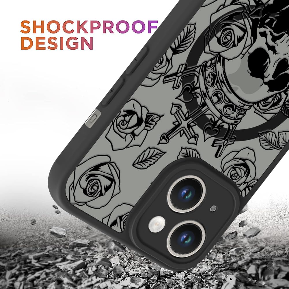 Ook Magnetic For Iphone 13 Case [Compatible With Magsafe] Black Skull Flower Slim Translucent Matte Case For Iphone 13 Cover, Bl