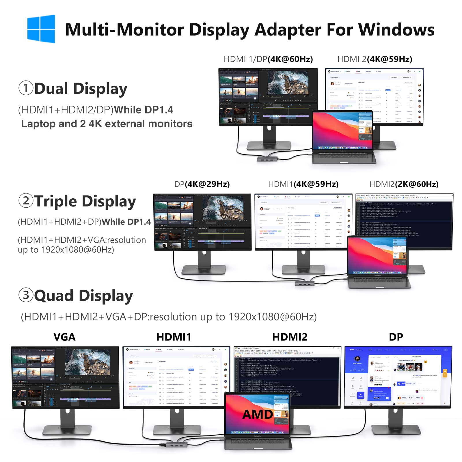Abiwazy Usb C Docking Station Dual Monitor Adapter For Dell Hp Laptop Docking Station 3 Monitors Quadruple Display Usbc Hub Dong