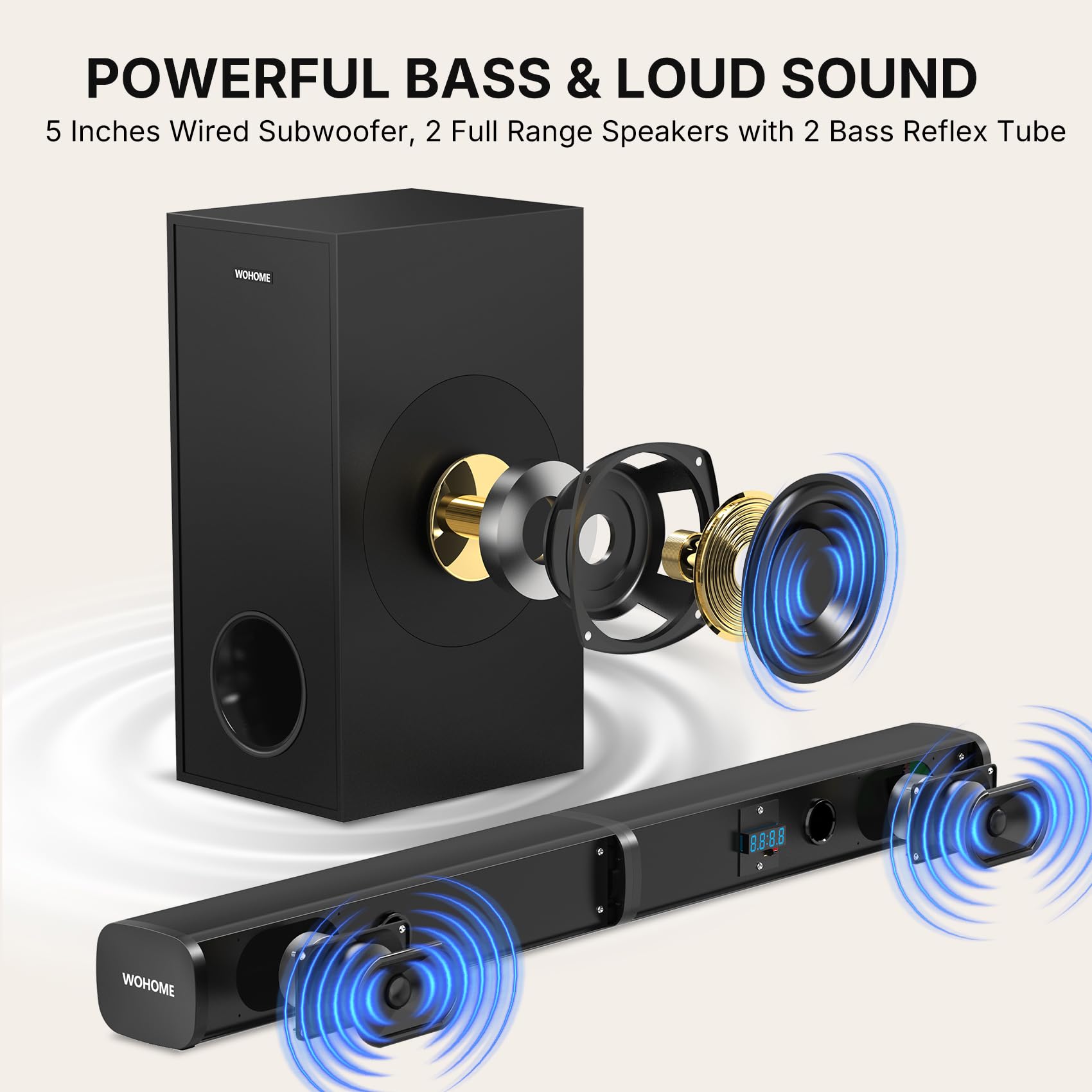 Wohome 2.1 Sound Bar For Smart Tv With 5 Inches Wired Subwoofer, 140W, 2 In 1 Detachable Soundbar With Rgb-Ic Backlight, Bluetoo