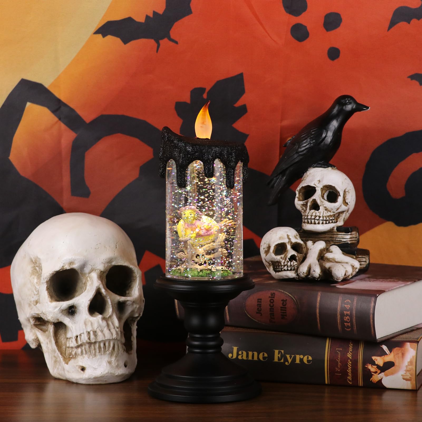 Eldnacele Halloween Snow Globe Candle Battery Operated Lighted Flameless Candles Light Swirling Water Glittering Spinning Candle