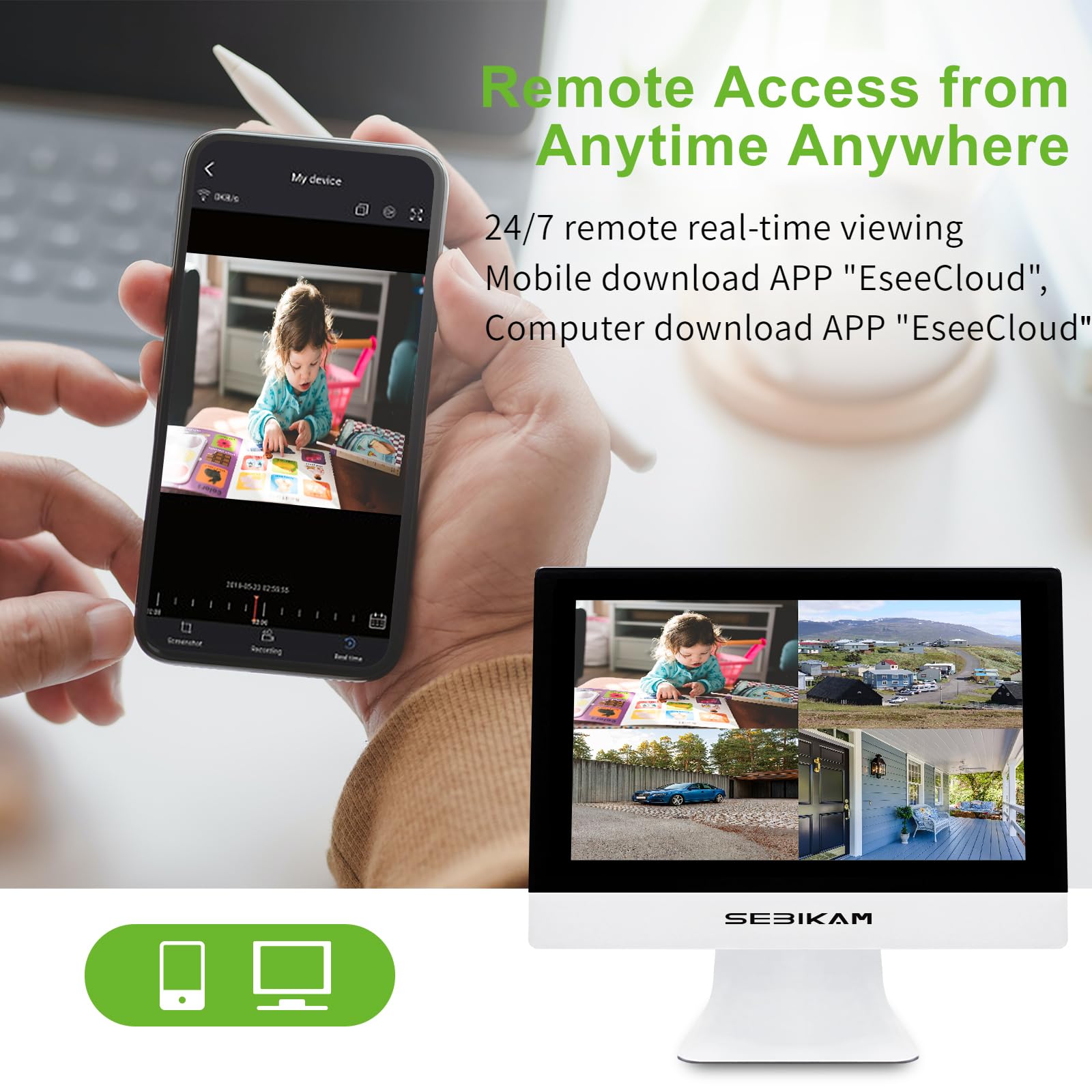 Sebikam Wireless Security Camera System With 10.1'' Monitor, 10Ch Expandable Cctv Surveillance System With Ip66 Weatherproof 4Pc