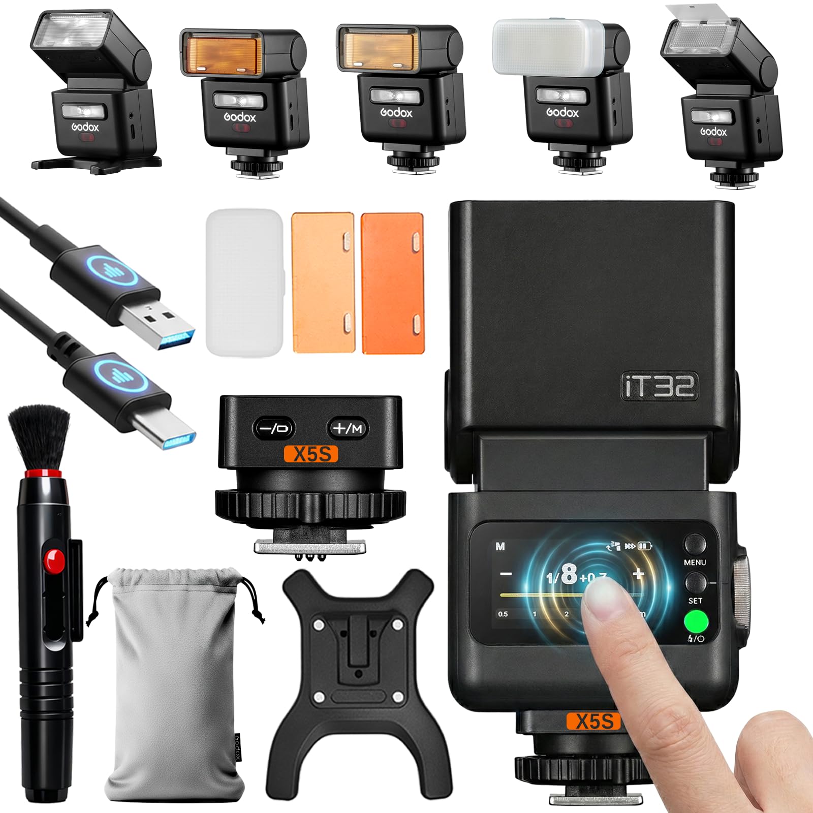 Godox IT32 TTL Camera Flash with X5S Flash Trigger for Sony Cameras,Magnetic Hotshoe & Trigger 2-in-1,Colorful Touch Screen,Rota