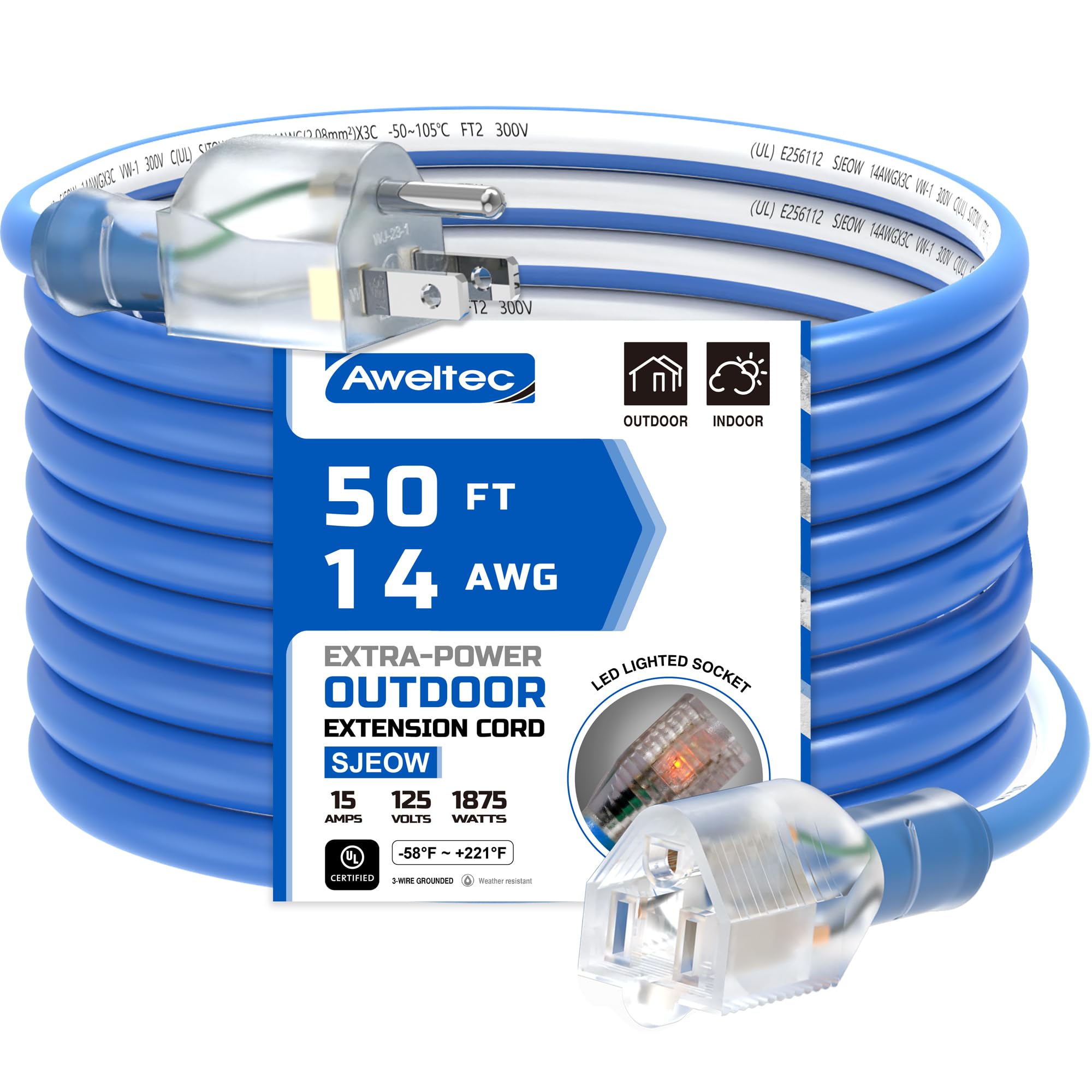 Aweltec Outdoor 14/3 Extension Cord 14Awg 50Ft 15Amp 1875Watts, Tpe Rubber Sjeow ( 58F To +221F) Lighted Power Cord, Blue + Whit