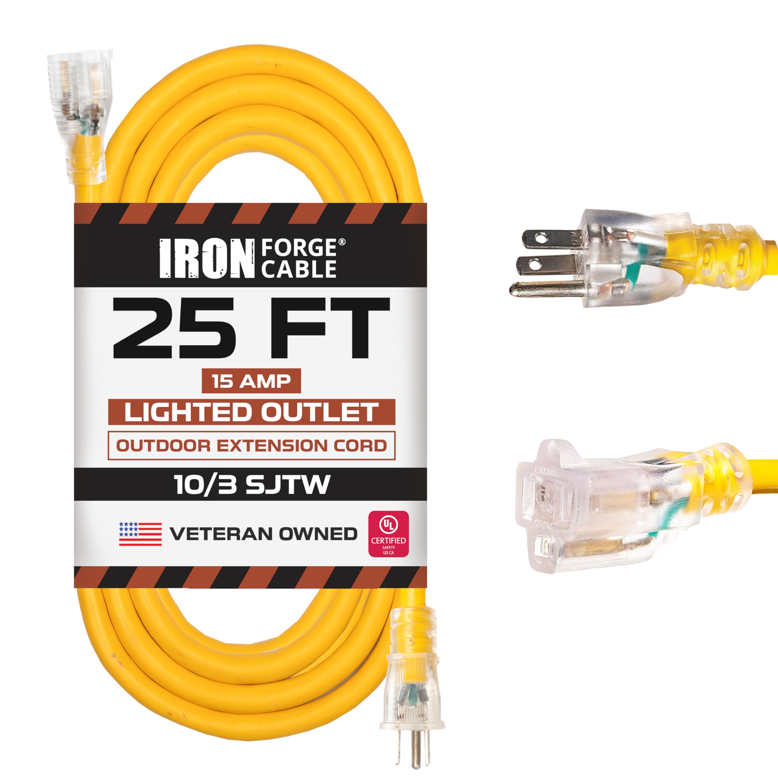 Iron Forge Cable 10 Gauge Extension Cord 25 Ft, 10/3 Heavy Duty Extension Cord Outdoor 3 Prong, Weatherproof Yellow Power Cable 15 Amp Great For Major Appliances, Us Veteran Owned