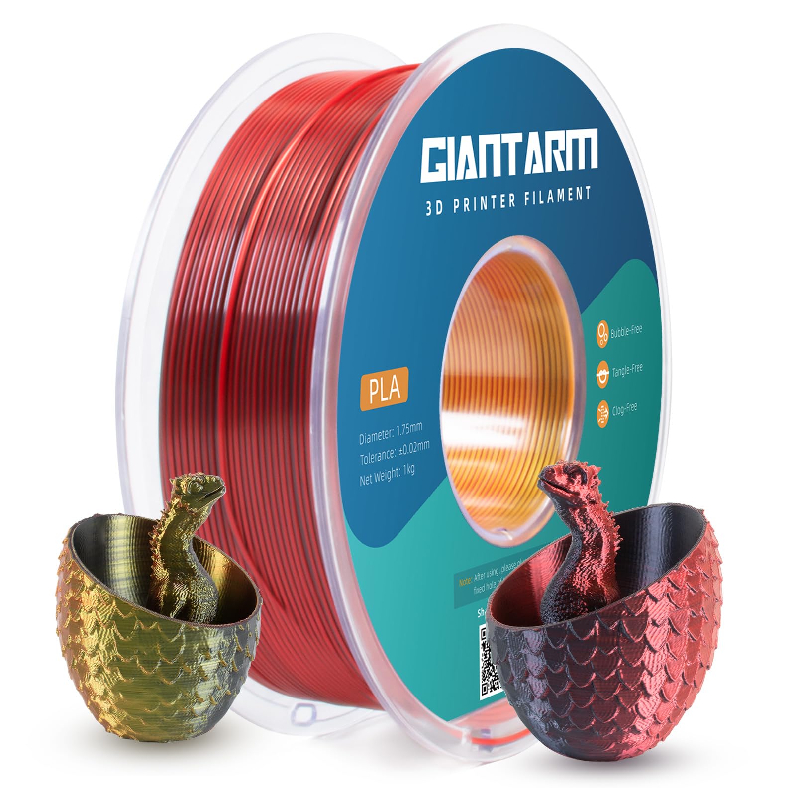 Giantarm Tri Colors Silk Pla Filament, Shiny Pla 3D Printer Filament 1.75Mm +/ 0.03Mm, 1Kg (2.2Lbs) Spool, Vacuum Packaging (Red
