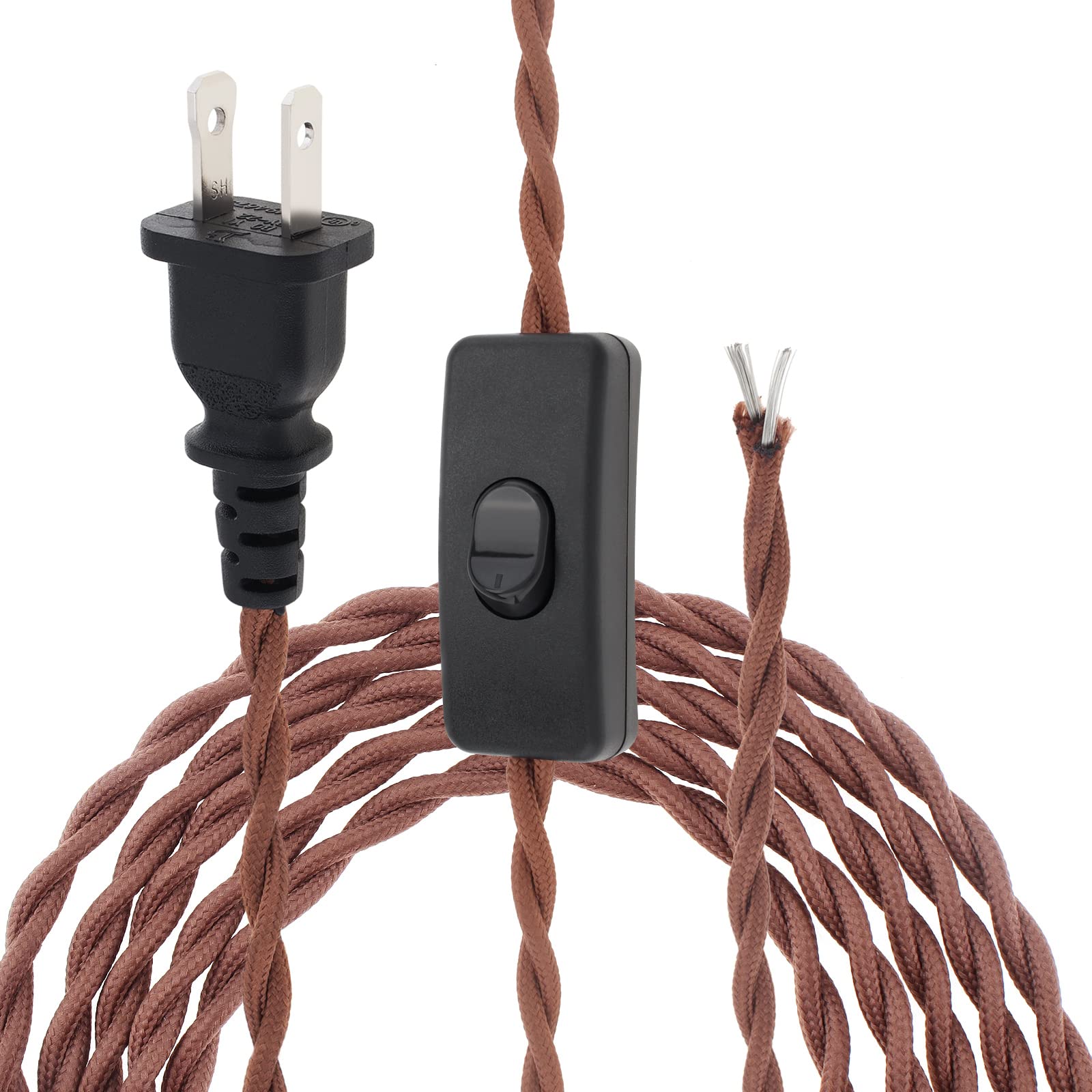 Rtnlit 6Ft Twisted Cloth Covered Lamp Cord With Switch Button And Molded Plug,18 Gauge Fabric Electrical Cord, Stripped Ends Rea