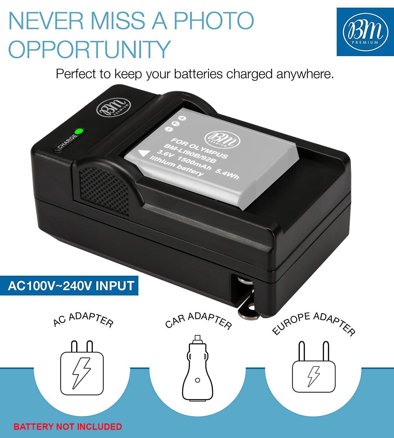 BM LI 92B, LI 90B Battery Charger for Olympus Tough TG 6, TG 5, TG Tracker, Tough SH 1, SH 2, SP100 IHS, Tough TG 1 iHS, Tough TG 2 iHS, Tough TG 3, Tough TG 4, SH 50 iHS, SH 60, XZ 2 iHS Cameras