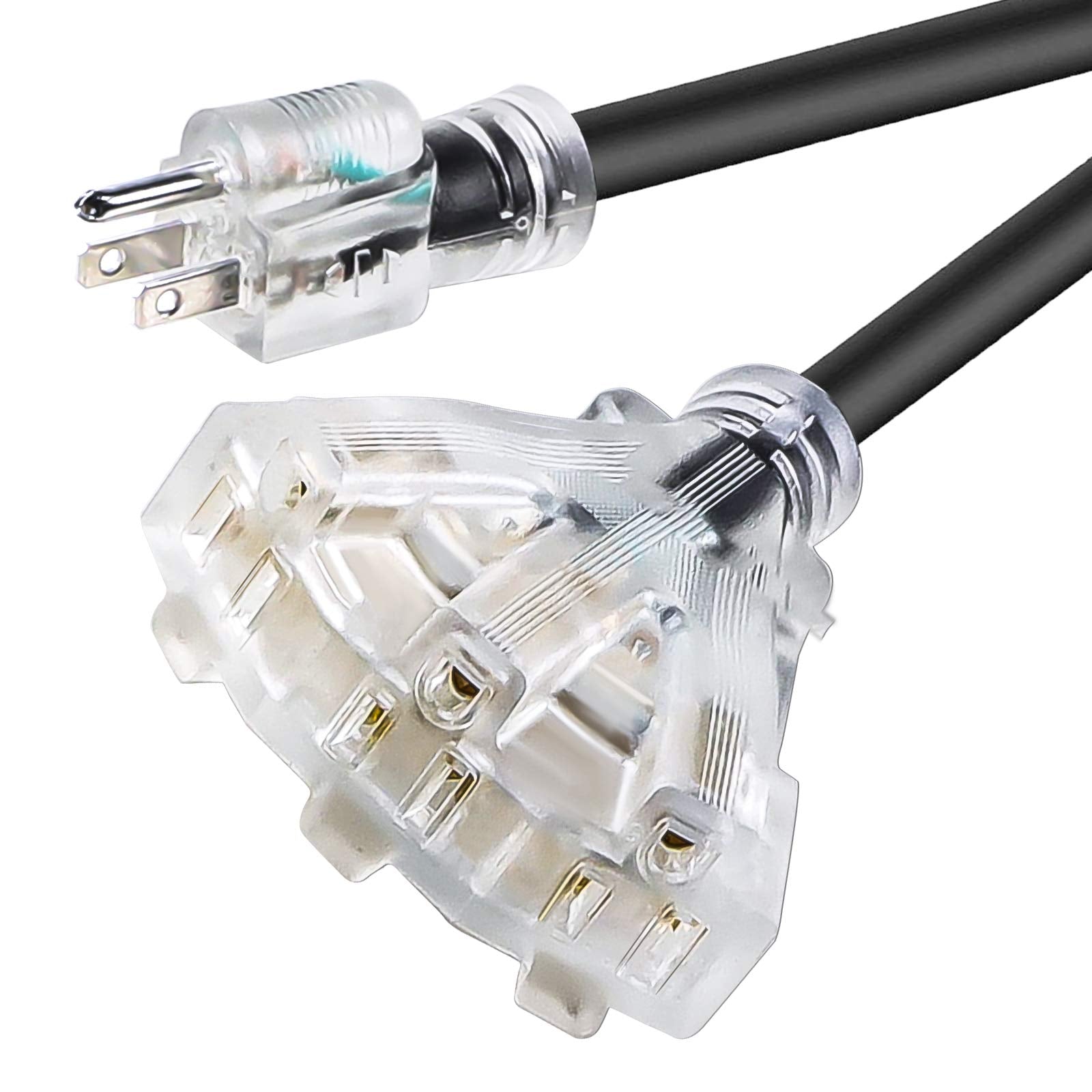 25 Ft 12/3 Extension Cord Heavy Duty Black 3 Outlet Indoor/Outdoor Sjtw Lighted 12 Gauge Grounded Power Cable ,12Awg 15 Amp, 187