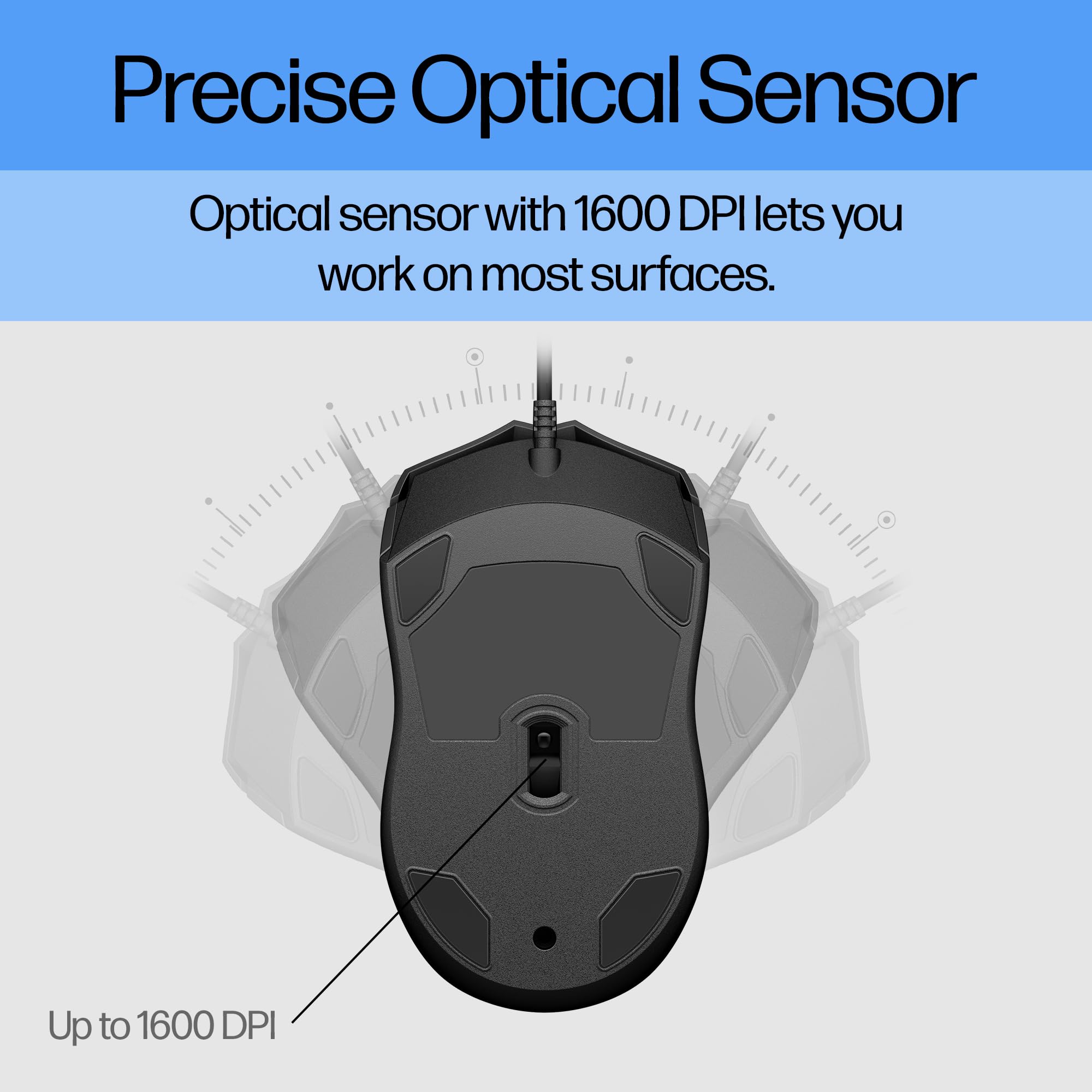 HP Wired Mouse 100   Precise Optical Sensor with 1600 DPI   Easy USB Connection   Ambidextrous Design   3 Button Control & Built in Scrolling   Multi OS Compatible (6VY96AA#ABL)