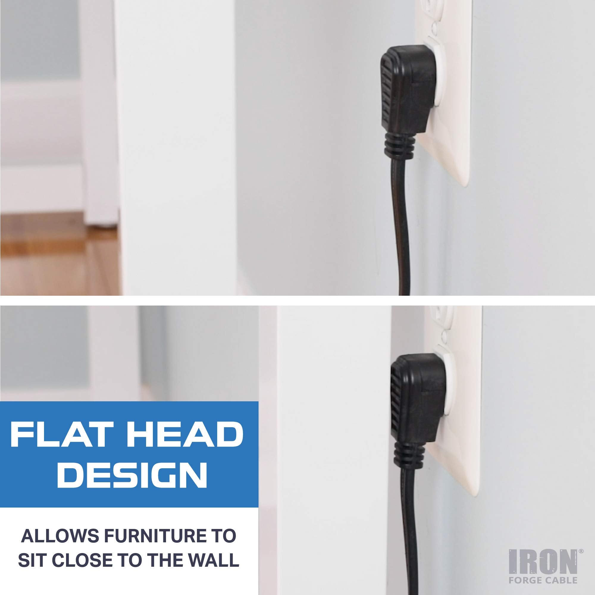 Iron Forge Cable 10 Ft Flat Plug Black Extension Cord With 3 Outlets, 16/3 Flat Cable 3 Prong Indoor Extension Cord With Multipl