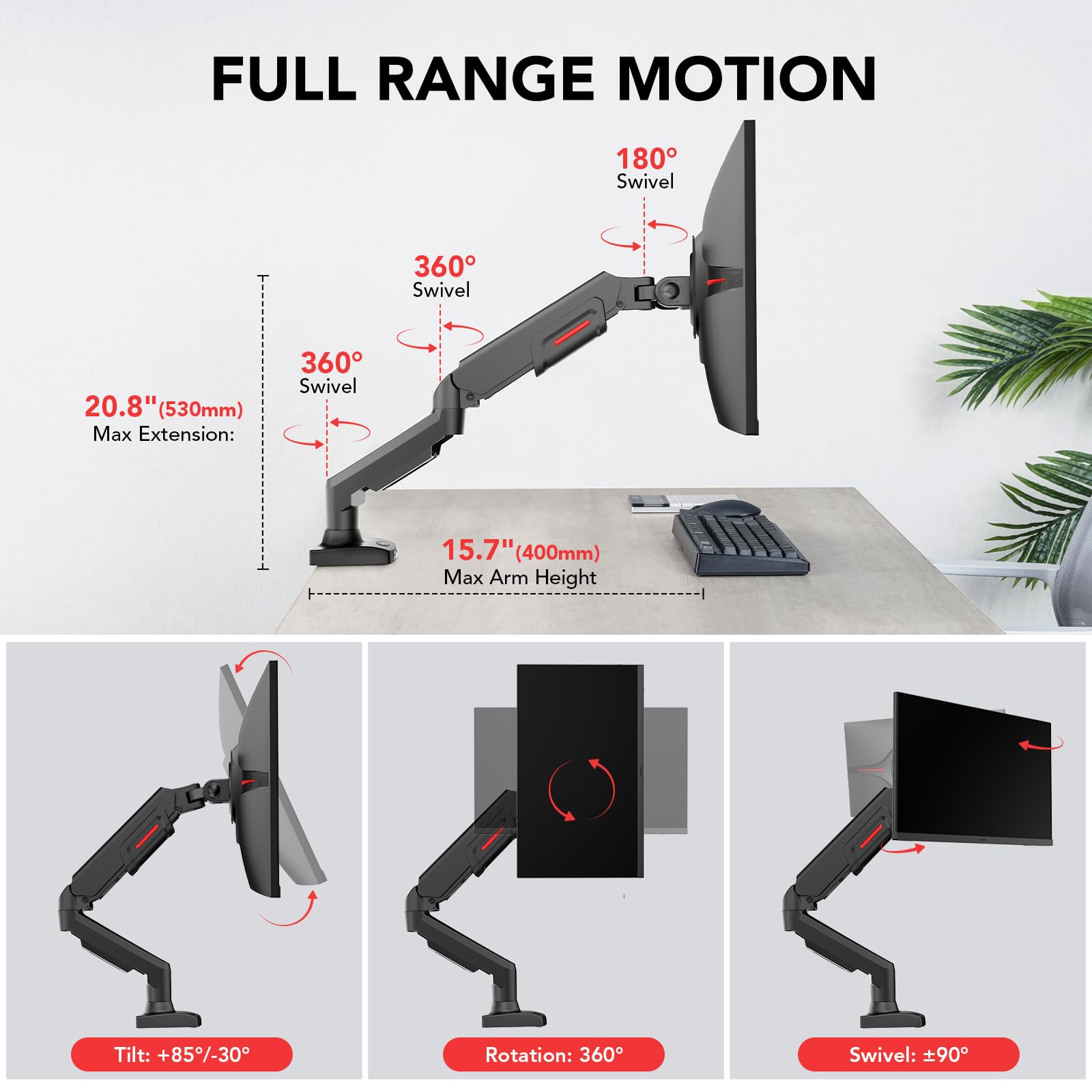 Koorui Single Monitor Mount, Rotation, Swivel, Tilt, Adjustable Gas Spring Monitor Arm Fits 17 32Inch, 4.4 19.8Lbs Monitor, Monitor Stand For Desk With C Clamp/Grommet Mounting Base