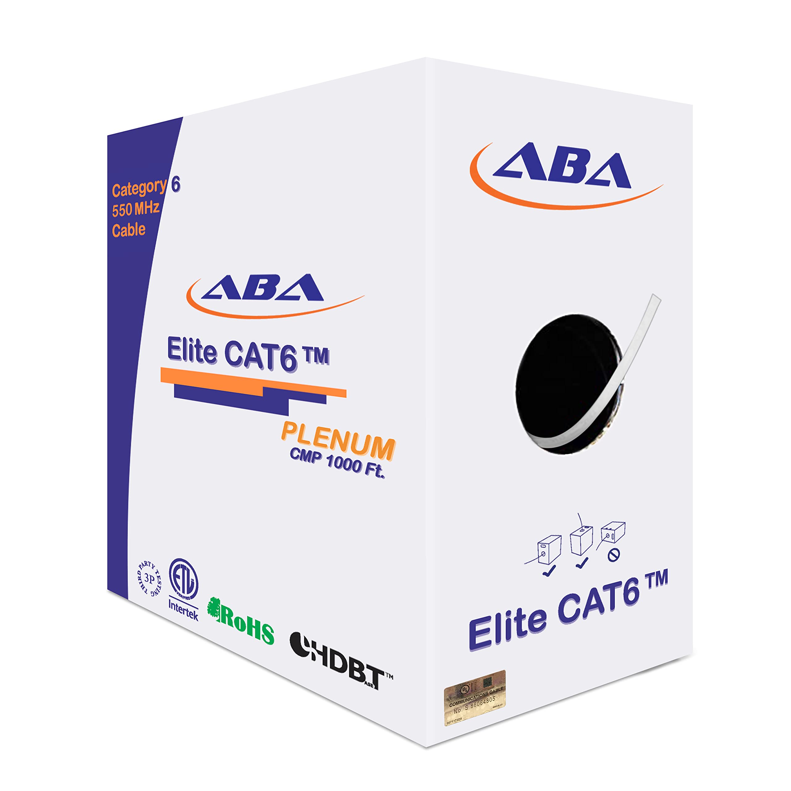 Cat6 Plenum (Cmp), Ethernet Cable 1000Ft, Unshielded Twisted Pair (Utp) 23Awg, Solid Pure Bare Copper, 550Mhz, Ul Certified, Eas