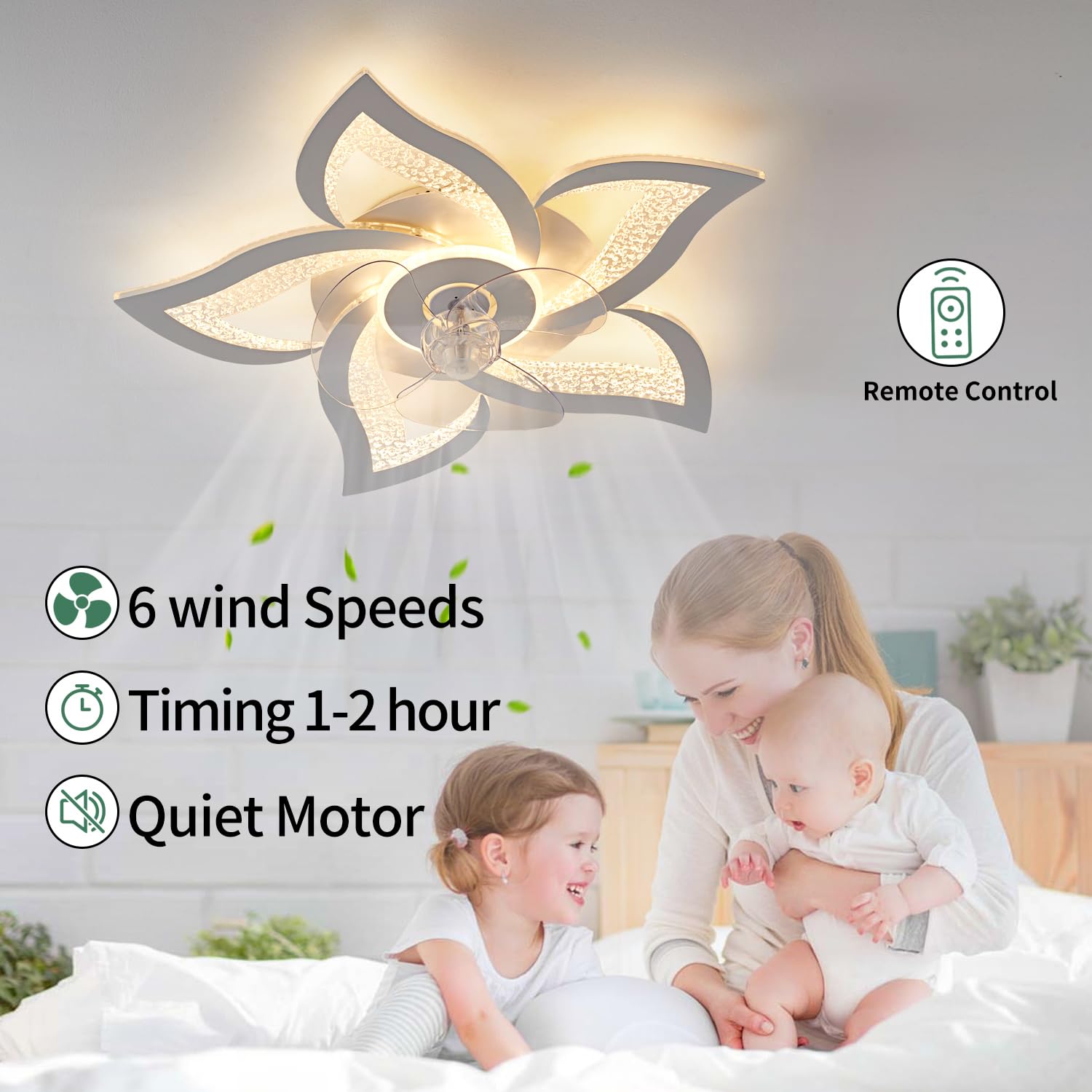Yfrest Ceiling Fan With Lights Remote Control, White Personalized Ceiling Fan With Light, 6 Speeds 3 Light Color Flush Mount Cei