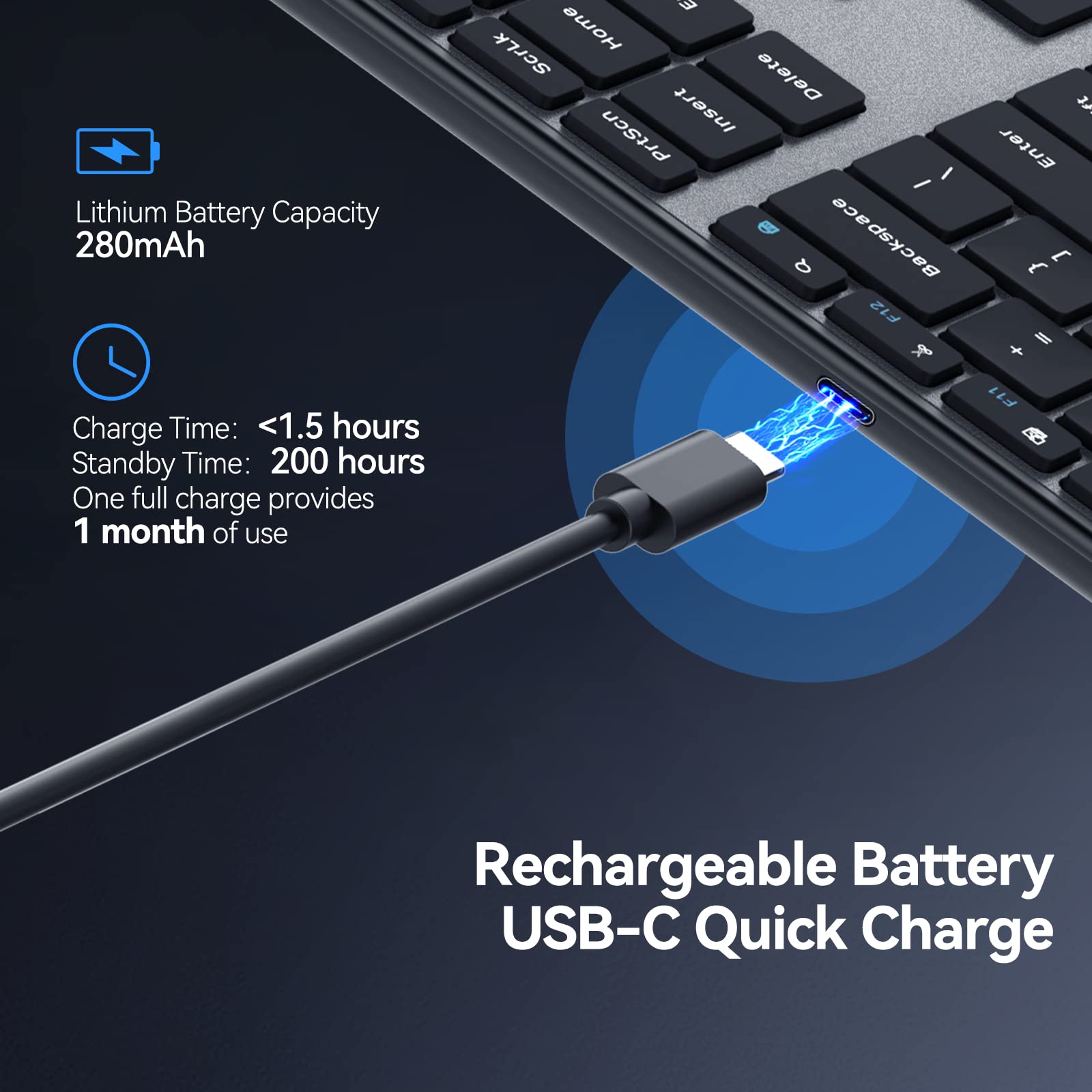 Ausdom Wireless Bluetooth Keyboard Full Size, Quiet Slim Multi Device Rechargeable Cordless Qwerty Keyboard With Number Pad, Low