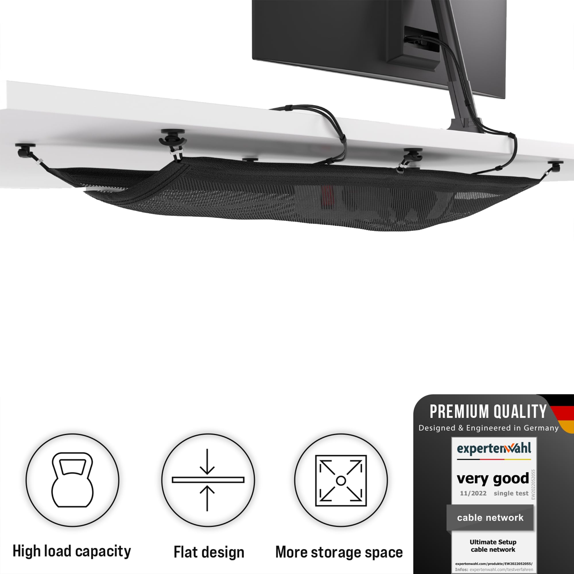 Ultimate Setup Cable Management Net - Under Desk Tray - Black - Model OL1067 - Fabric Cord Organizer for Tidy Workspaces