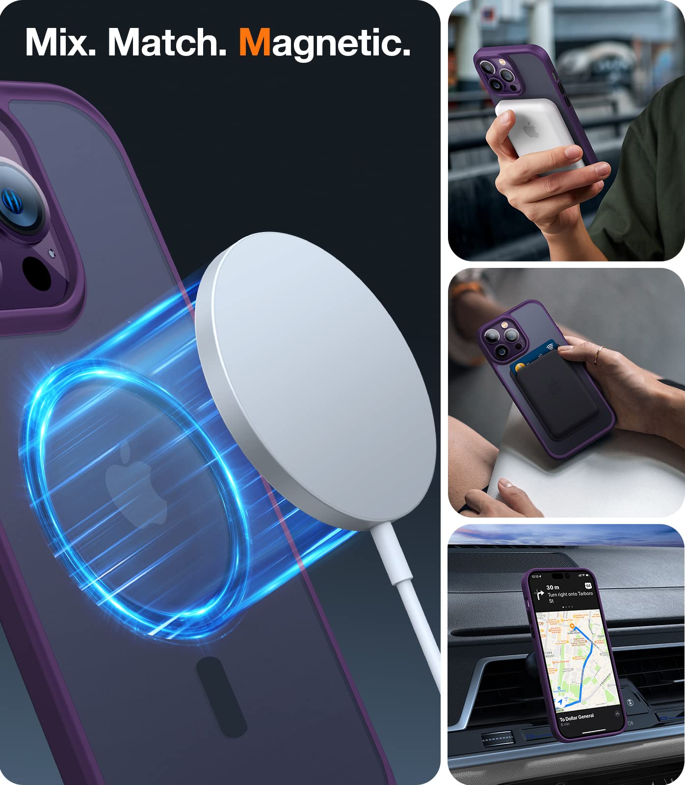 Torras Magnetic Guardian Iphone 14 Pro Max Case [Military Grade] [Magsafe Compatible] Slim Translucent 6.7''   Deep Purple