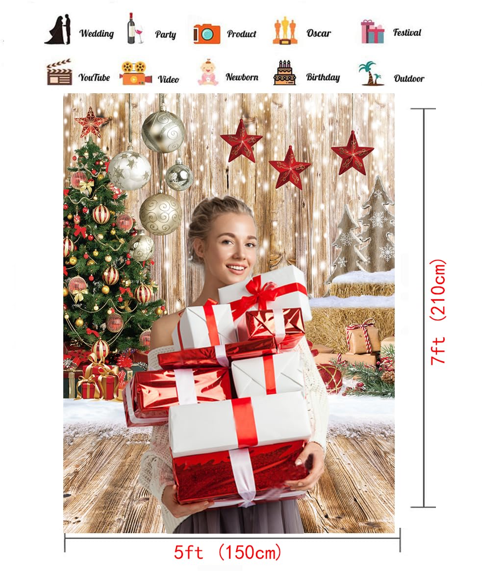 Chaiya 5X7Ft Christmas Backdrop Wood Floor Backdrop Winter Snow Xmas Tree Gift Christmas Family Party Background New Year Party