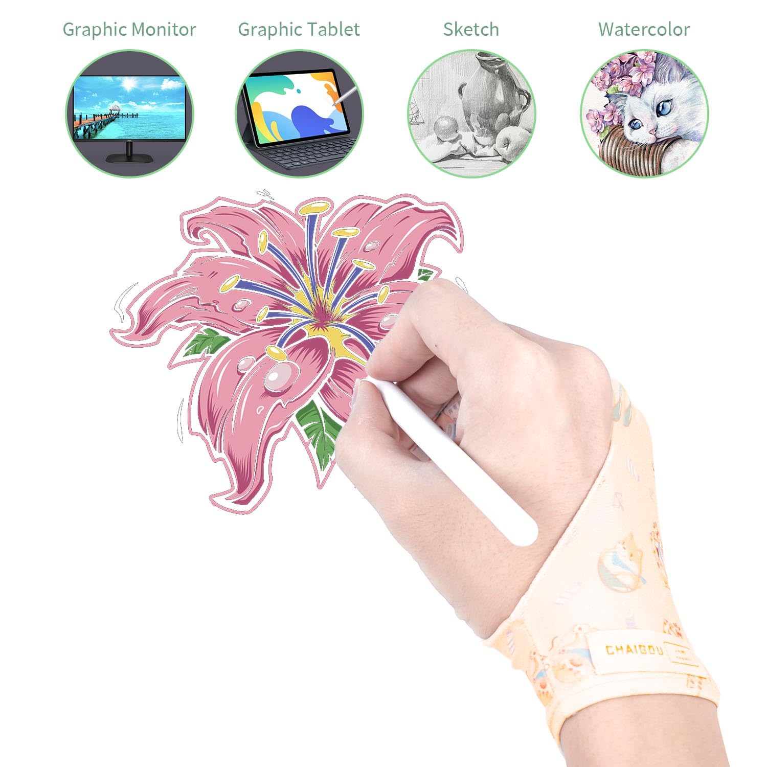Spaseeba Artist Drawing Glove Art Two Finger Glove Animal Print For Drawing Tablet/Pen Display/Ipad For Right And Left Hand,M Ye