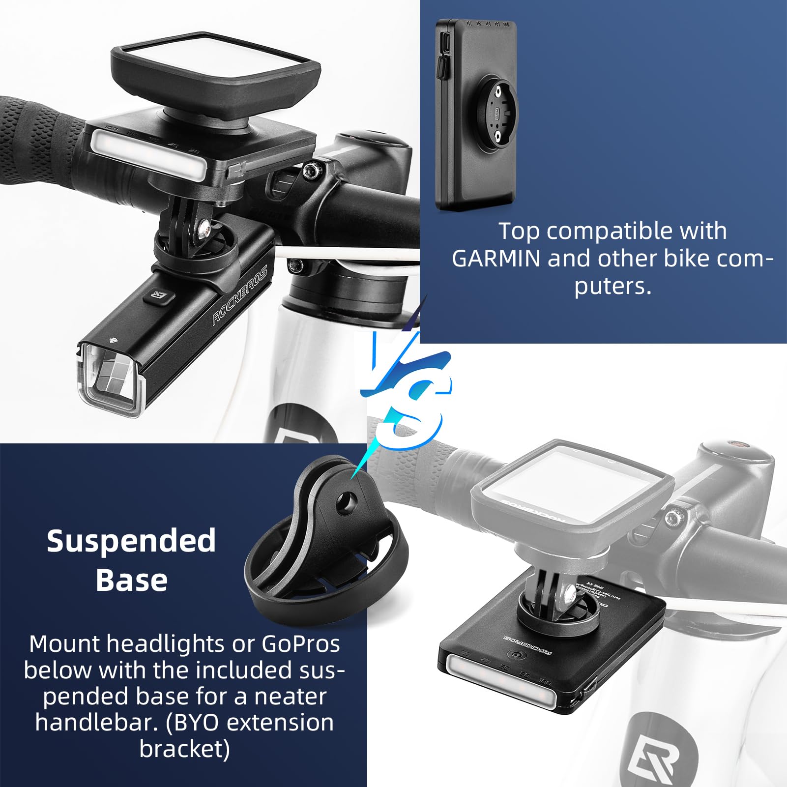 Rockbros Bike Mount Compatible With Garmin, Gopro Cycling Computer, 10000Mah/ 5000Mah Type C Recharge Bike Light