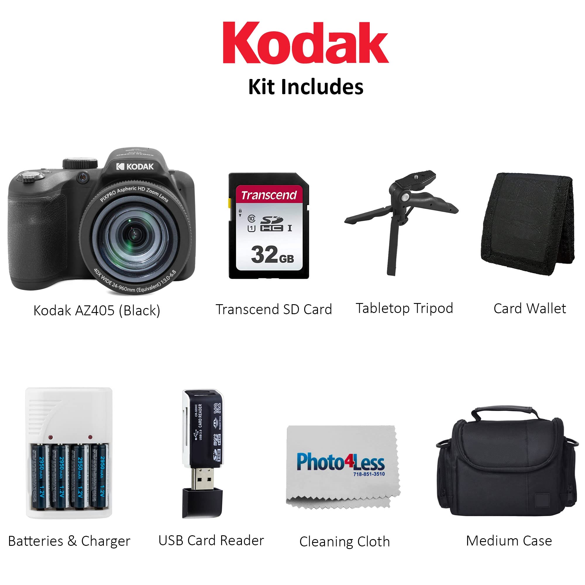 Kodak Pixpro Az405 Digital Camera Black, Point & Shoot Camera Case, 32Gb Sd Memory Card, Rechargeable Batteries & Charger, Usb C