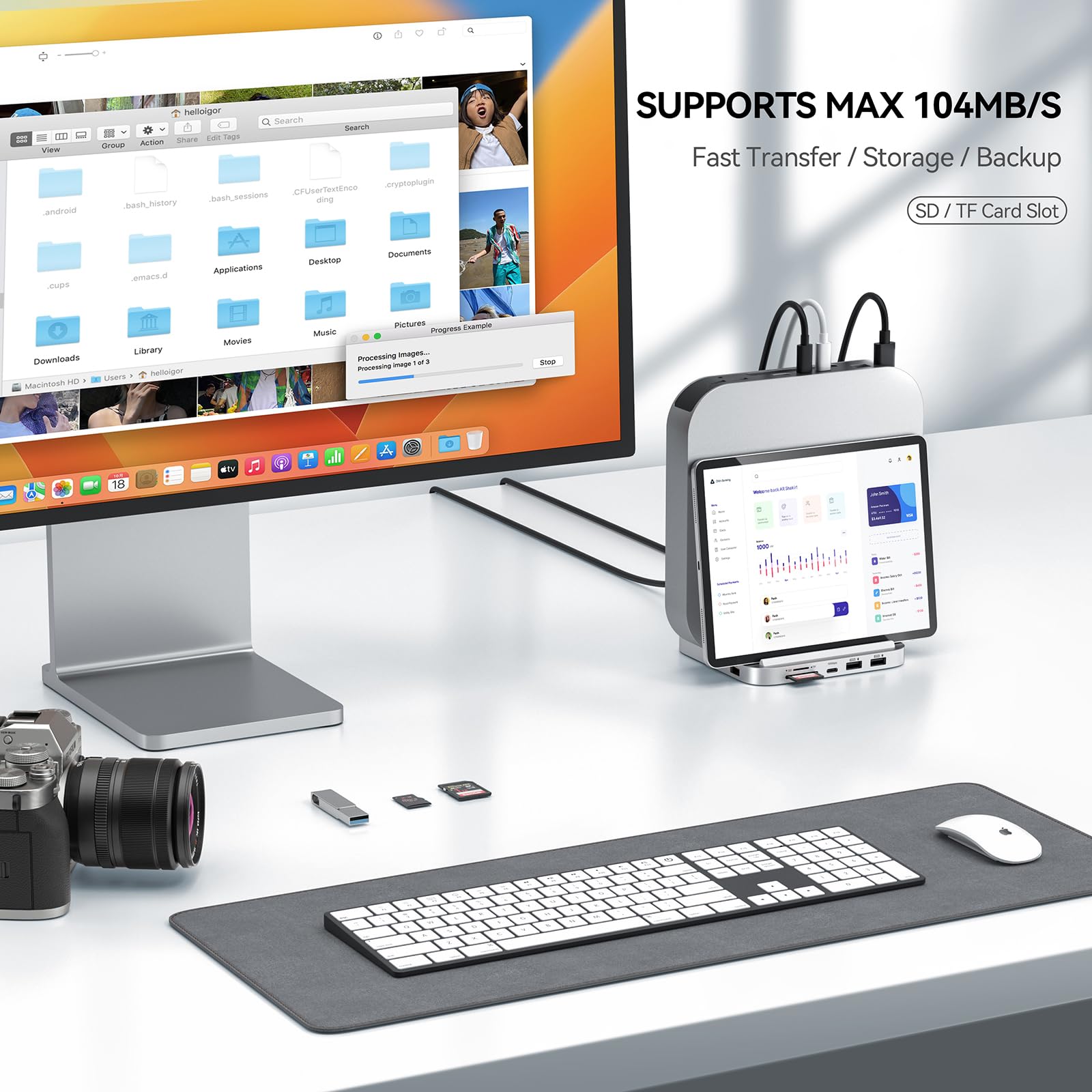 Minisopuru Mac Mini Dock & Stand With M.2 Nvme Ssd Enclosure, Upgrade 8 In 1 Mac Mini Hub Support 10Gbps Usb C/A, Tf& Sd Card, A