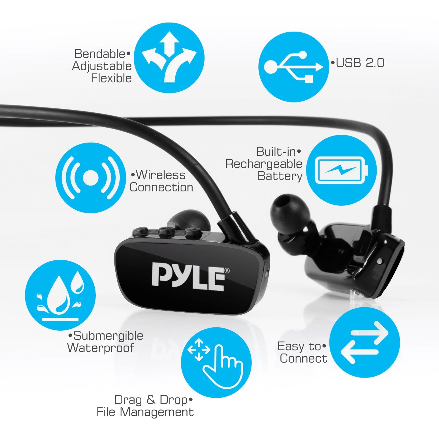 Pyle Mp3 Player Bluetooth Headphone - Waterproof Swim Ipx8 Flexible Wrap-Around Style Headphones Built-In Rechargeable Battery B