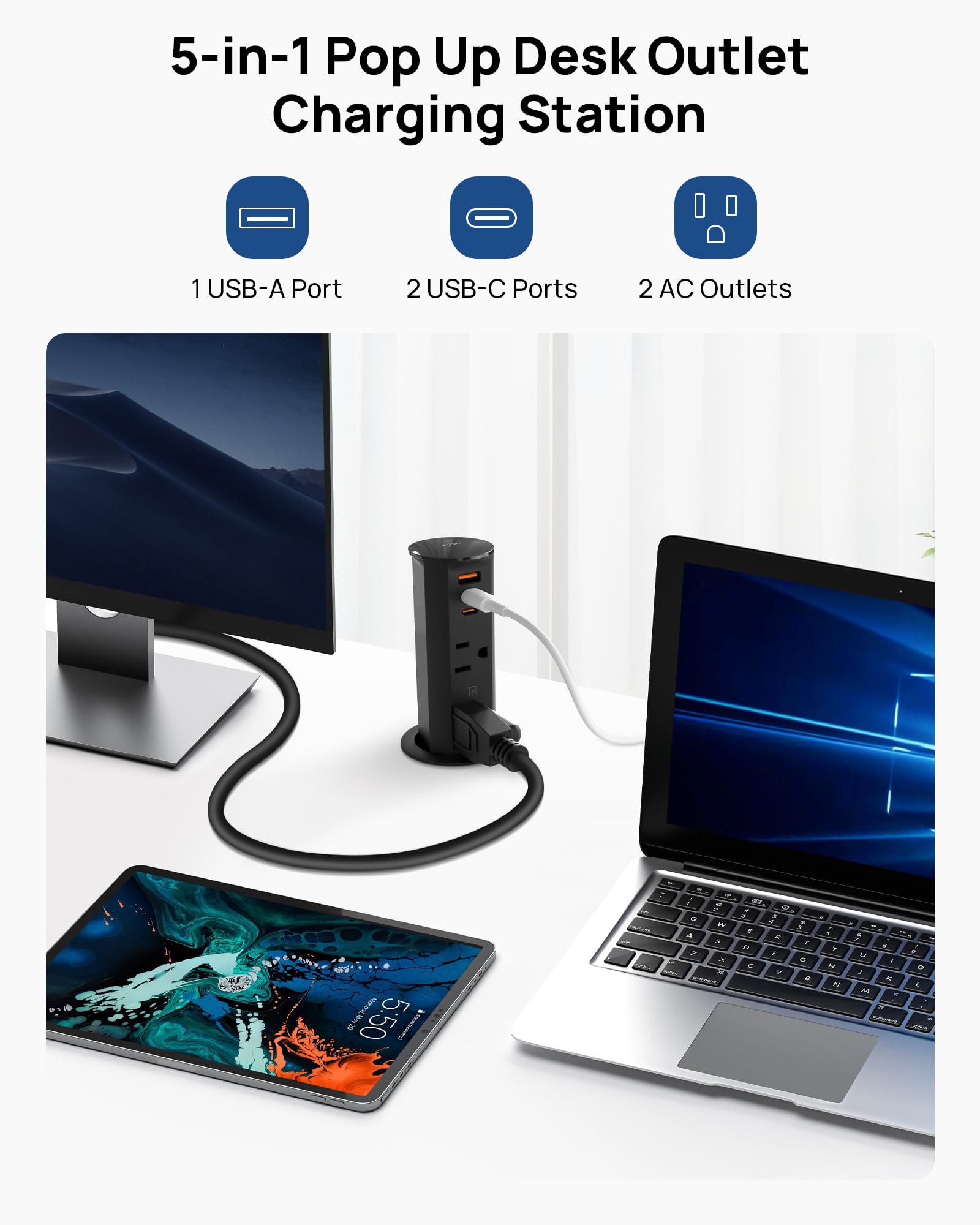 2 Inch Pop Up Outlet For Countertop,Power Grommet 2 Inch Desk Wire Hole Insert,20W Usb C,2 Outlets,2 Usb C/1 Usb A,Recessed Outl