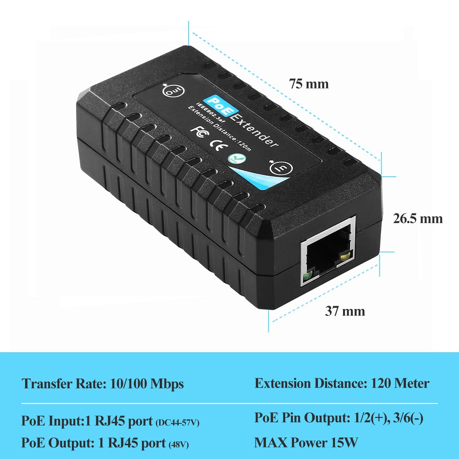 Revotech 1 Port Poe Extender Ieee 802.3Af Standard 10,100Mbps 100M(328 Ft) Poe Repeater For Poe Ip Camera Over Cat5 Or Utp Cable