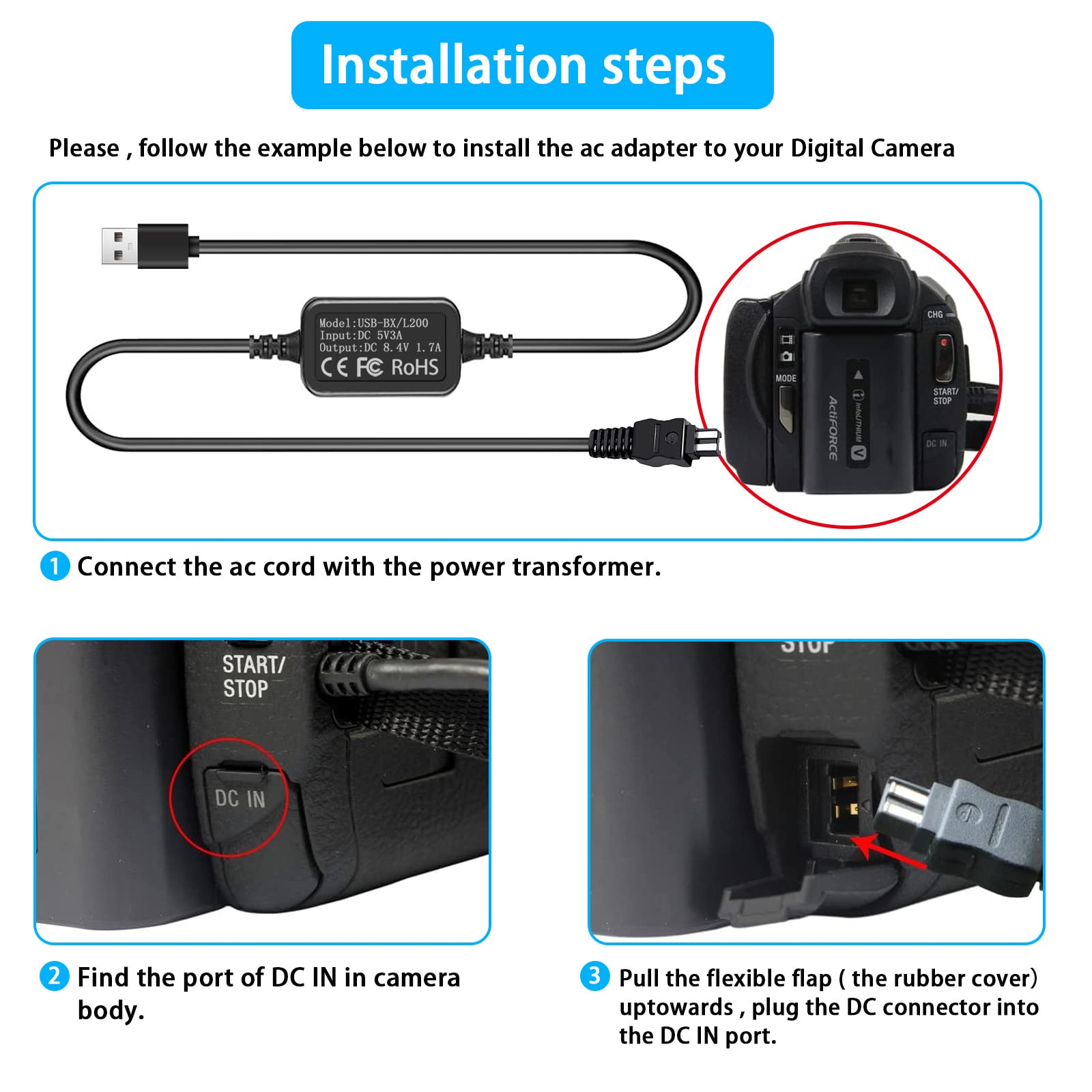Tkdy For Sony Handycam Charger Usb Power Cord, Ac L200 Acl200 Power Adapter For Dcr Sx40 Dcr Sx44 Dcr Sr45 Dcr Sr47 Dcr Sx63 Dcr Sx65 Dcr Sx85 Dvd108 Dvd610 Dcr Sr62 Dcr Sr68 Camcorder.