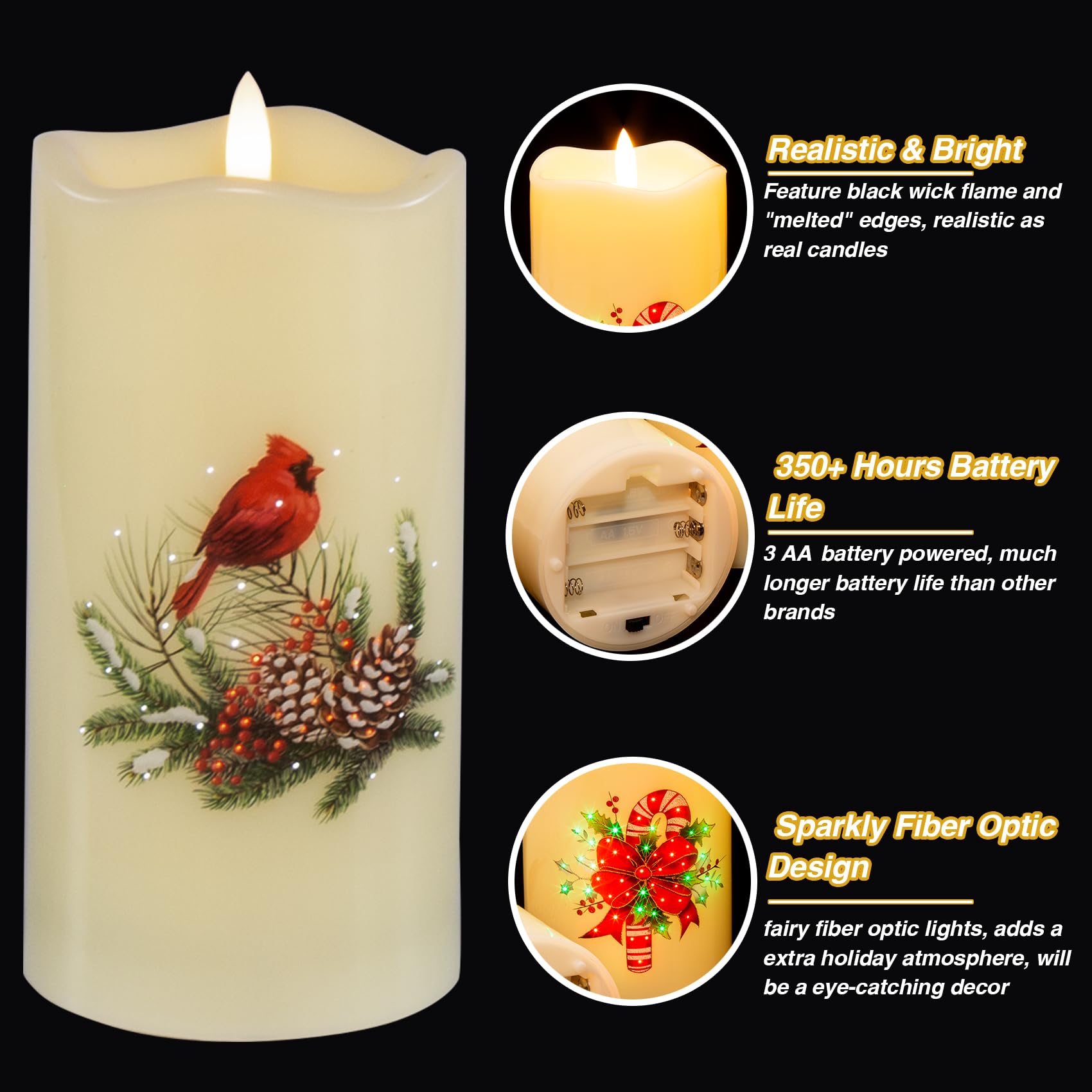 Eywamage Fiber Optic Flameless Candles With Remote, Cardinal Gingerbread Candy Canes Candles Flickering Led Pillar Candles Set O