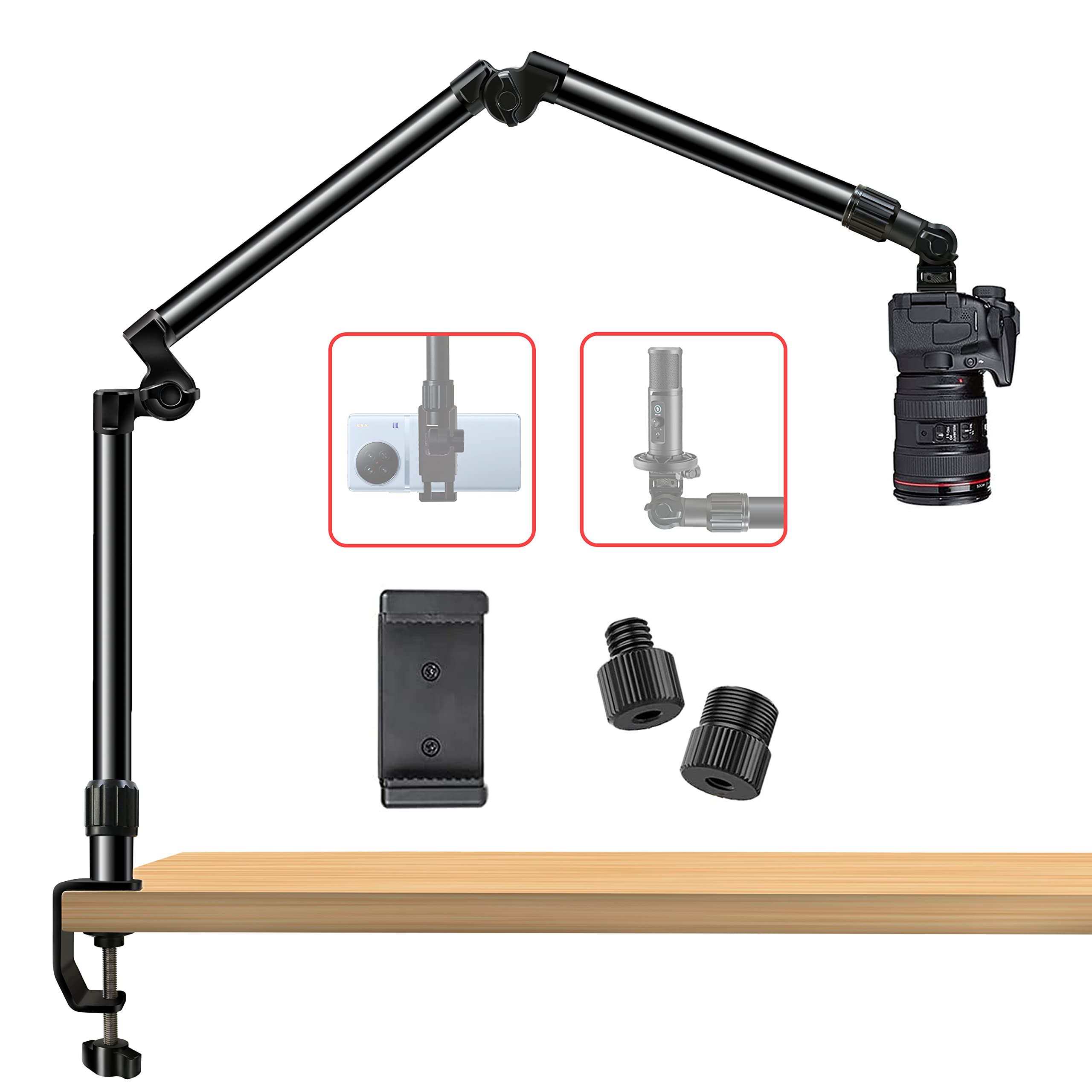 Overhead Camera Mount Desk Stand, Bearing 18Lb, Base& Top 360 Adjustable, With 1/4 3/8'' 5/8'' Screw, 3 Section Flexible Articul