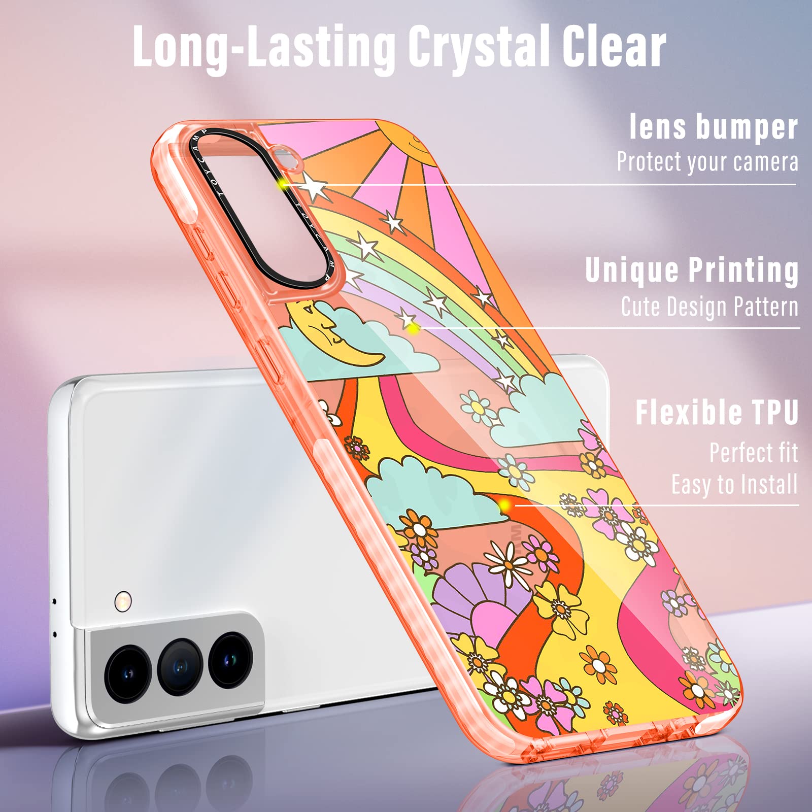 Toycamp Case For Samsung Galaxy S21, Cute Rainbow Sun River Flowers Cartoon Graffiti Print Design For Women Girls Boys Teens Col