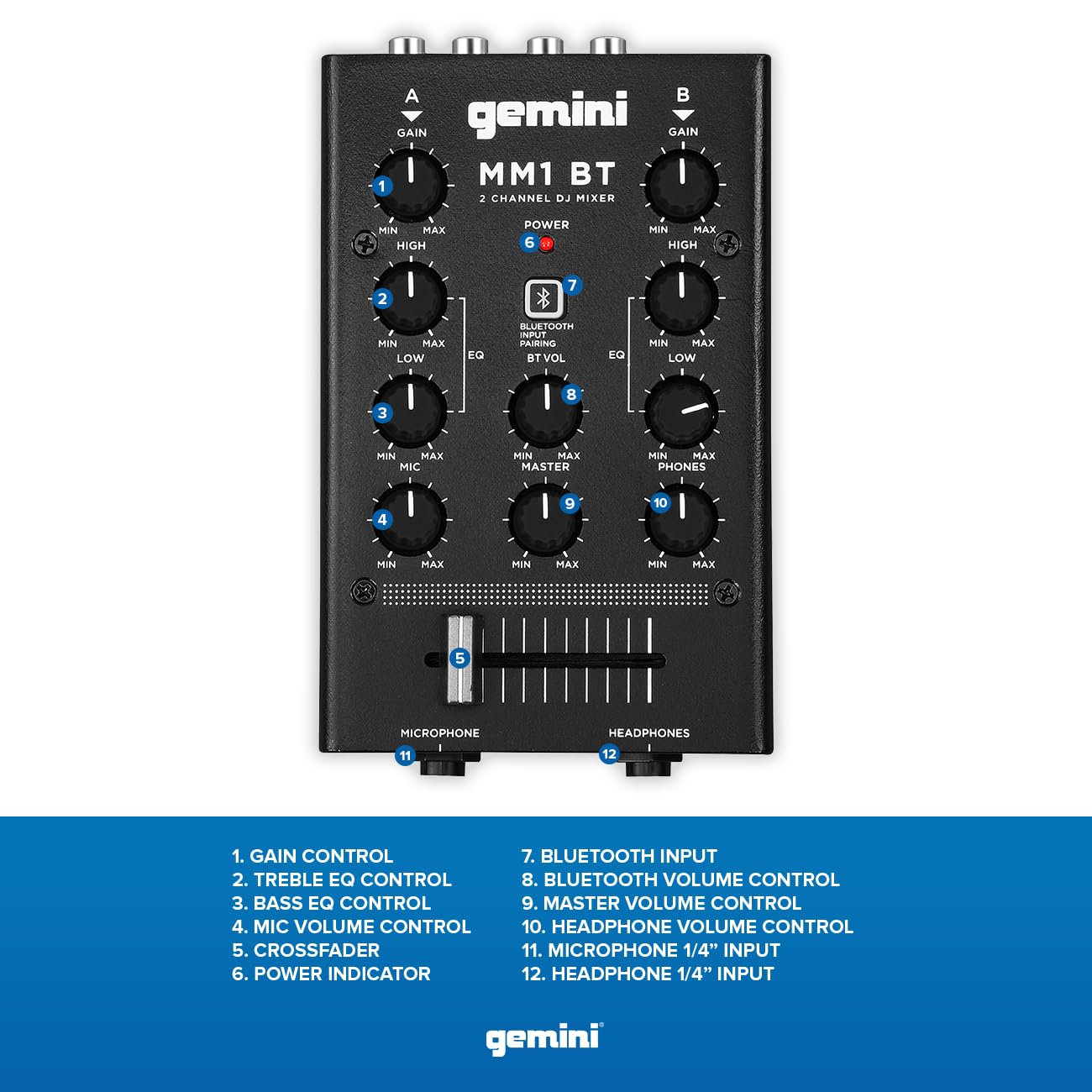 Gemini Sound Mm1Bt Bluetooth Professional Audio 2 Channel Dual Mic Input Stereo 2 Band Rotary Compact Dj Podcast Mixer With Cross Fader And Individual Gain Control
