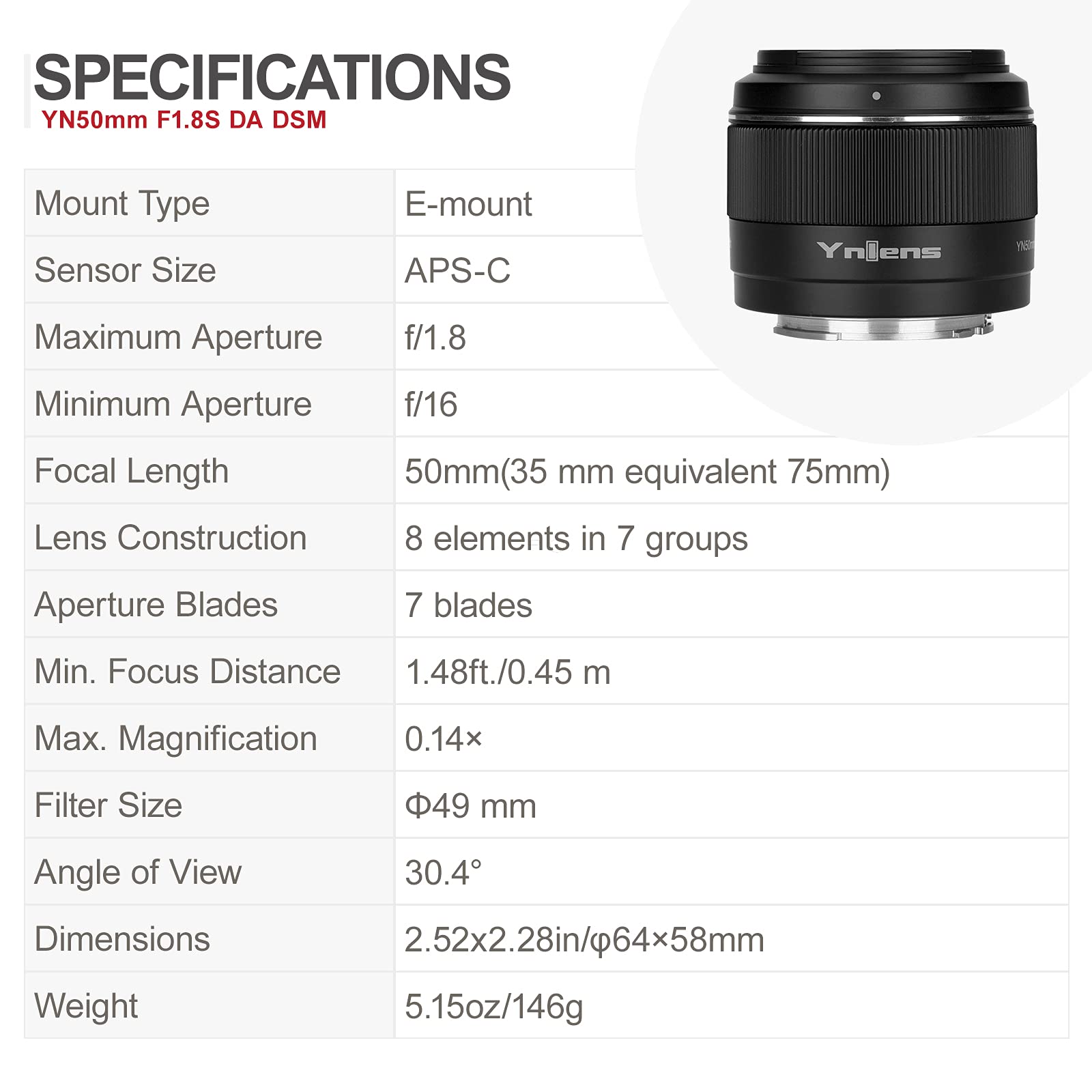 Yongnuo Yn50Mm F1.8S Da Dsm Aps C Prime Lens For Sony E Mount Mirrorless Cameras Black