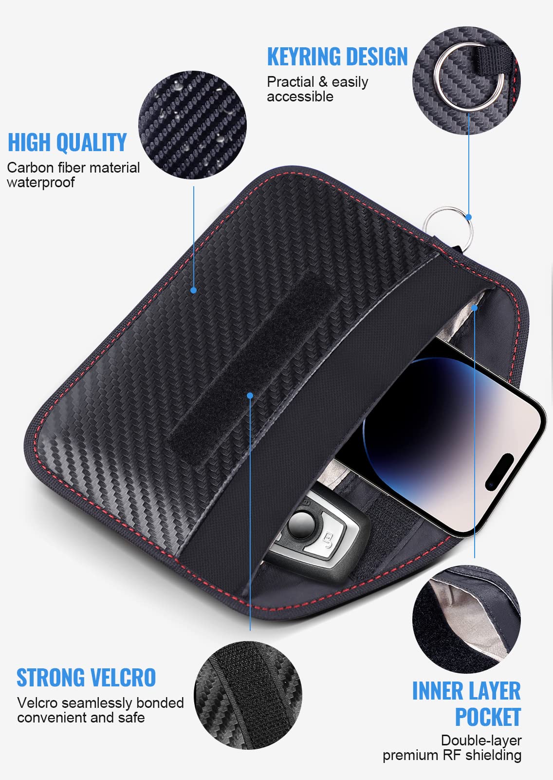Lanpard Faraday Bag For Phones And Car Keys, 2 Pack Rfid Signal Blocking Bag, Carbon Fiber Material Shielding Case For Cell Phon