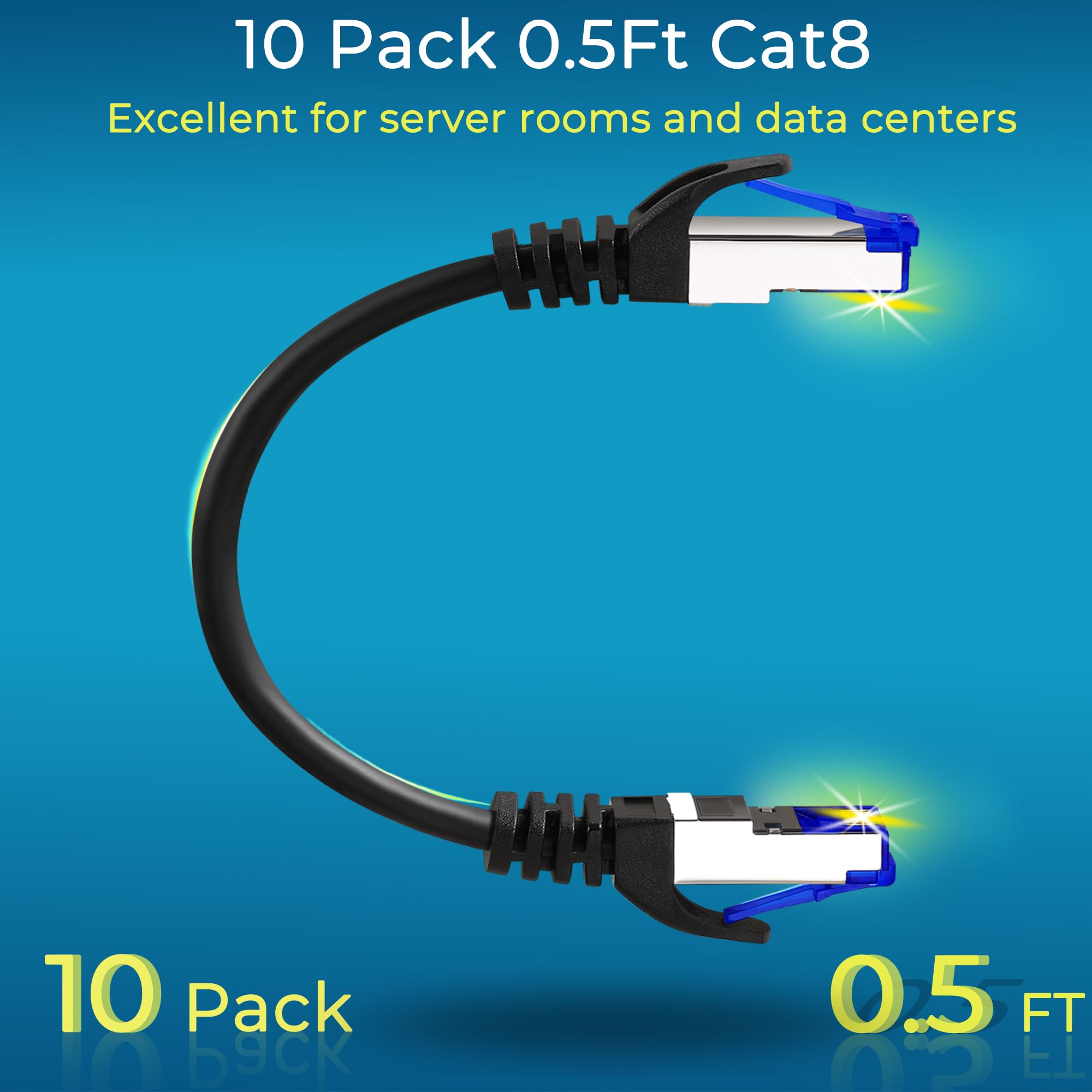 Rapink Patch Cables Cat8 0.5Ft (10 Pack) Slim, Cat 8 Ethernet Patch Cable 40G Support, Snagless Cat 8 Network Cable For Data Center, Flexiable Cat8 Ethernet Cables Black (10Pc830 0.5)