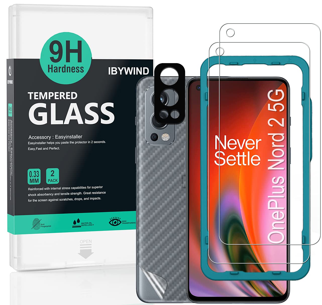Ibywind Screen Protector For Oneplus Nord 2 5G,With 2Pcs Tempered Glass,1Pc Camera Lens Protector,1Pc Backing Carbon Fiber Film 