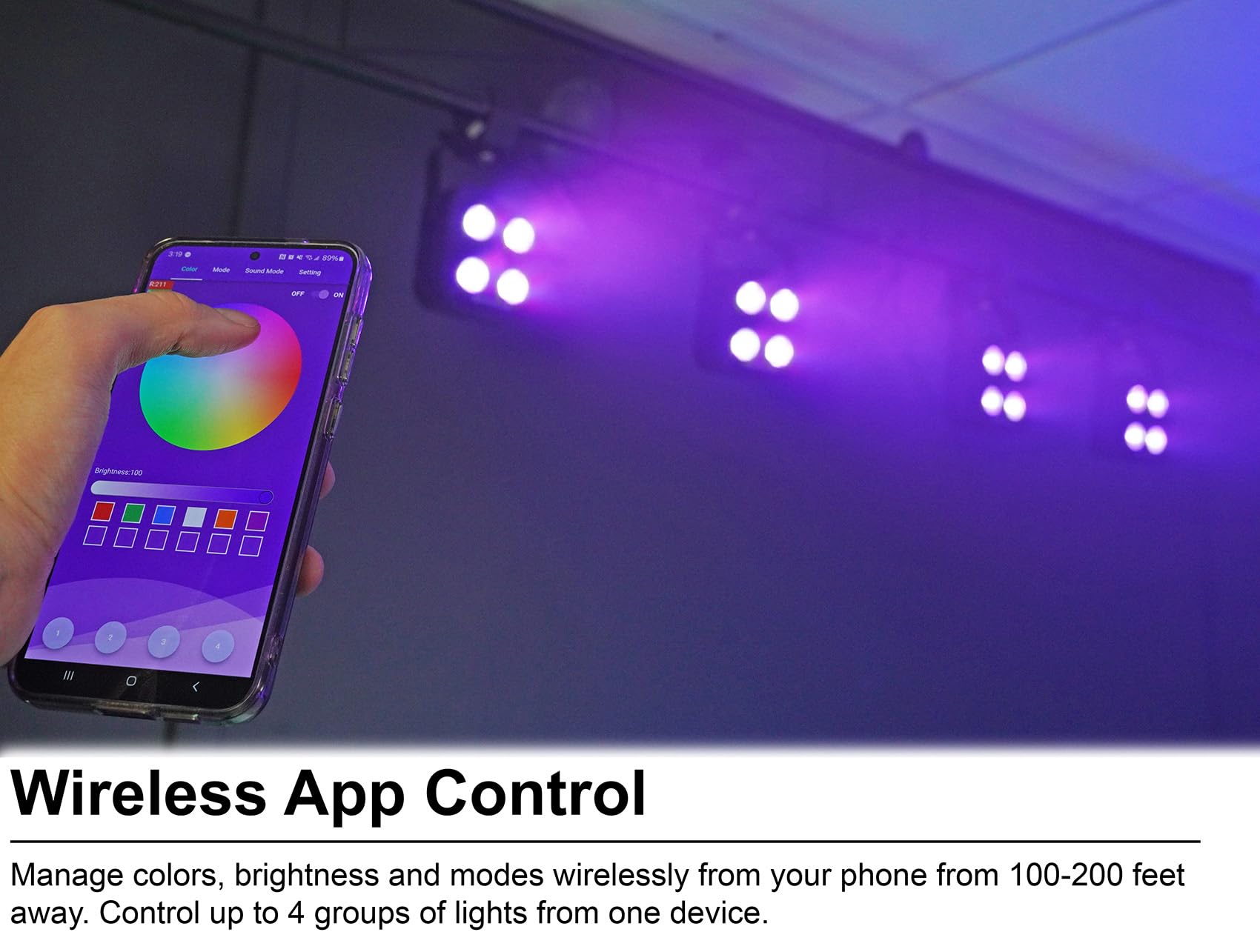 Rockville 4 Pack Mini Ir4 Black, Led Wash Lights, Rgbwa+Uv, Compact, App Control, Lcd, Wireless Dmx, Rechargeable, Perfect For D