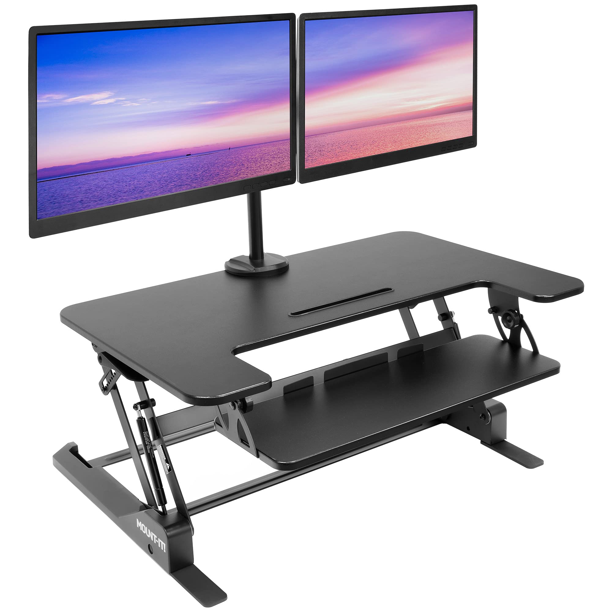 Mount It! Standing Desk Converter Dual Monitor, 2 Screen Mounts Included, Height Adjustable Desk Riser in Black, Stand Up Desk Convertor Large 36' Wide, Sit Stand Convertor with Manual Lift Gas Spring