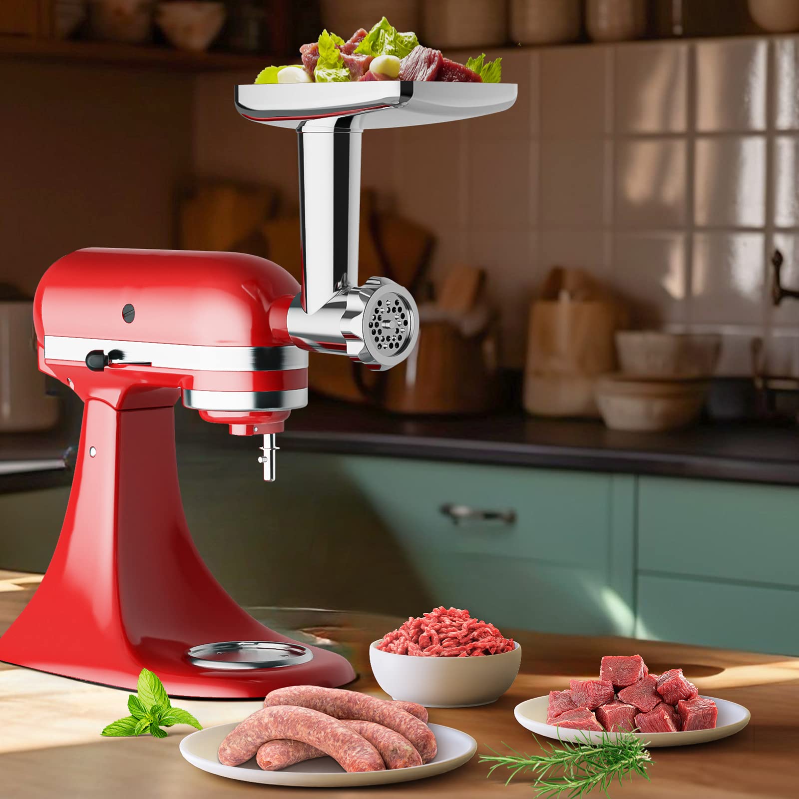 Stainless Steel Meat Grinder For Kitchenaid Mixer, Meat Grinder Sausage Stuffer Machine With 4 Grinding Plates, 3 Sausage Stuffe