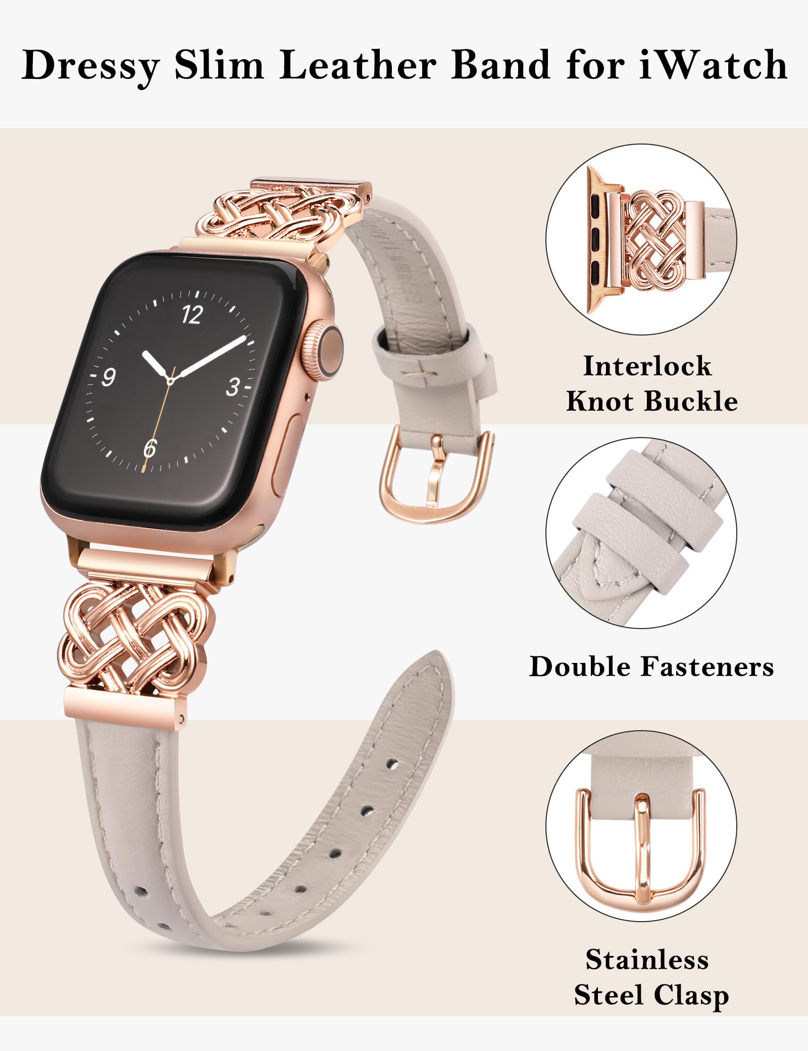 Toyouths Leather Band Compatible With Apple Watch Bands Women 42/44/45/46/49Mm Leather Strap With Designer Dressy Interlock Buck