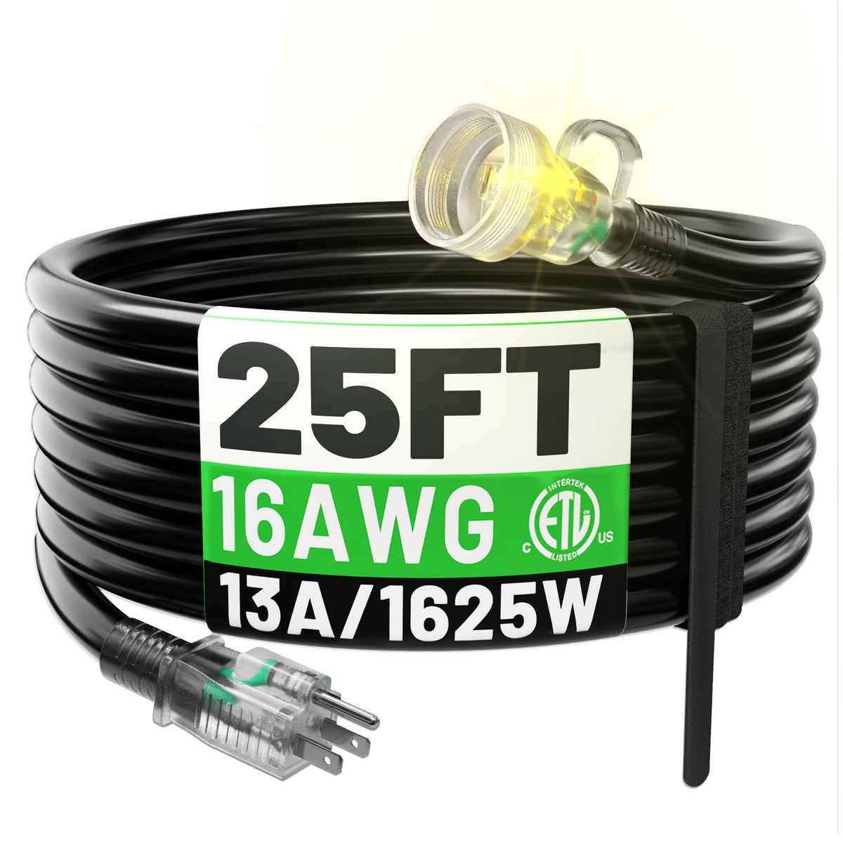 Powgrn 25Ft 16 Gauge Black Outdoor Extension Cord Waterproof, 3 Prong Flexible Cold Weatherproof  58? Heavy Duty Extension Cord,