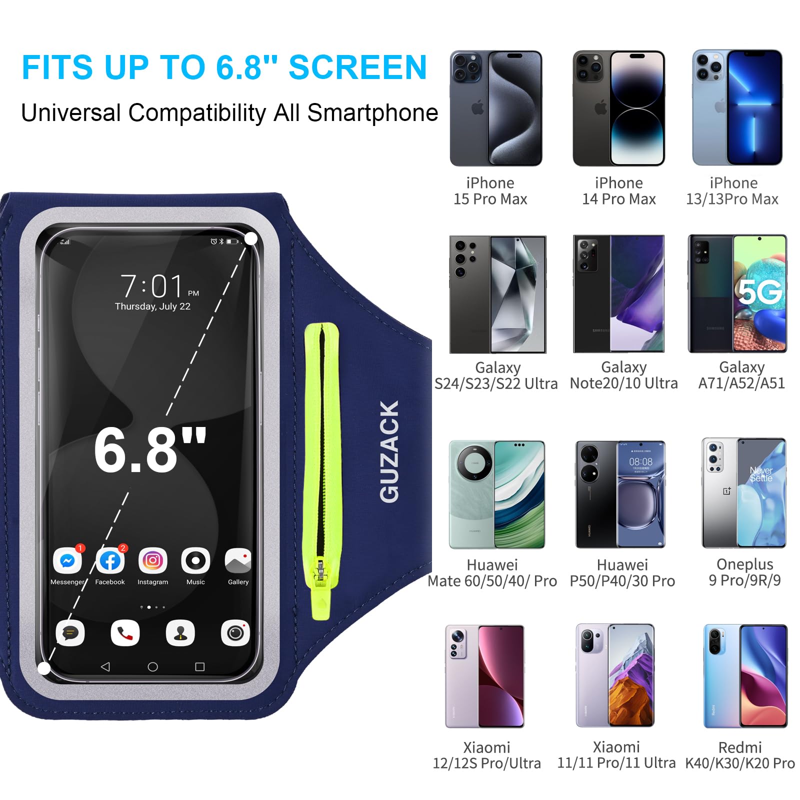 Guzack Running Armband, Running Phone Holder With Key Pockets & Card Slot For Iphone 15 14 13 12 11 Pro Max Plus, Galaxy S24 S23